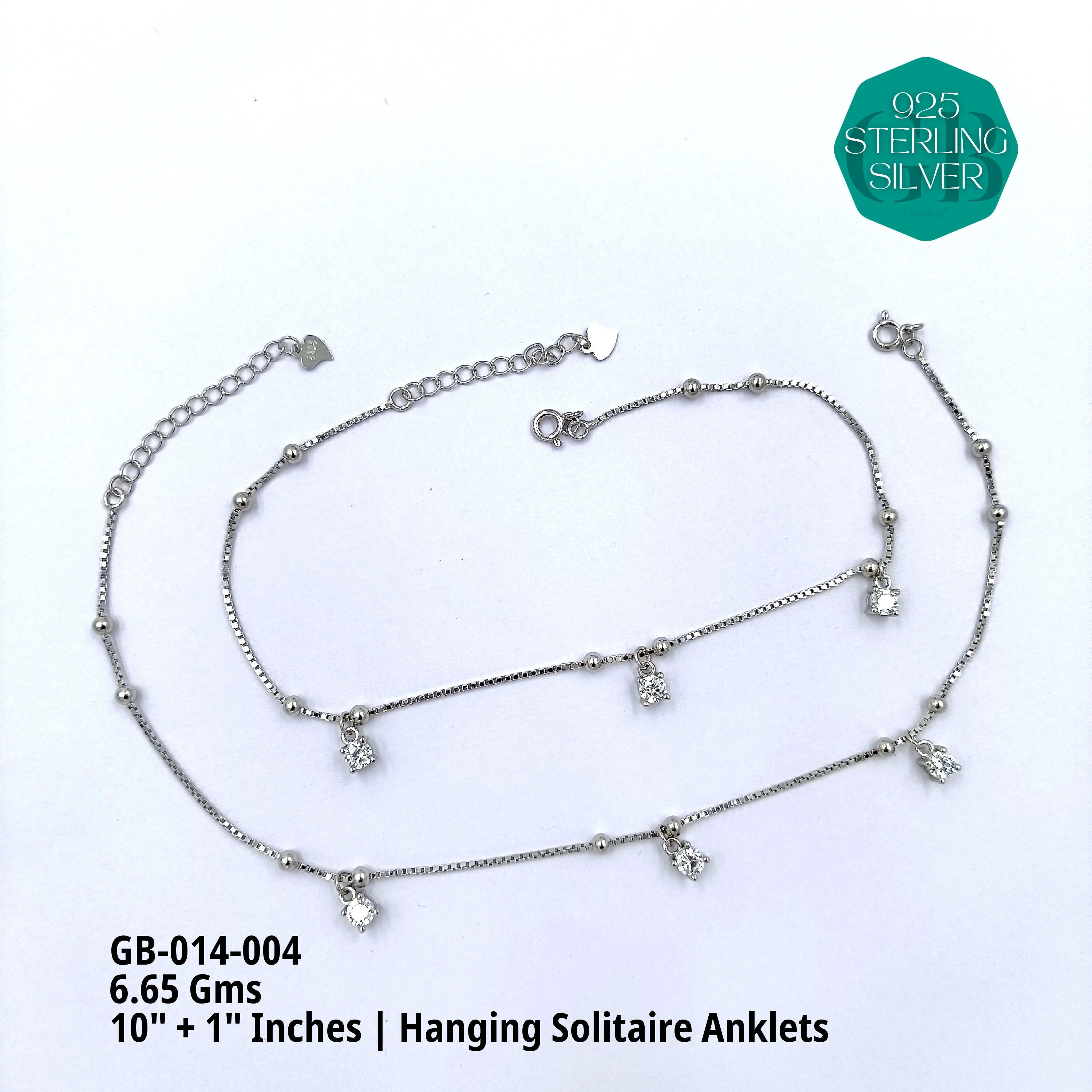 CZ HANGING SOLITAIRE ANKLETS - Premium 925 Silver Jewellery - SKU: GB-014-004 - Hyderabad Silver Importers