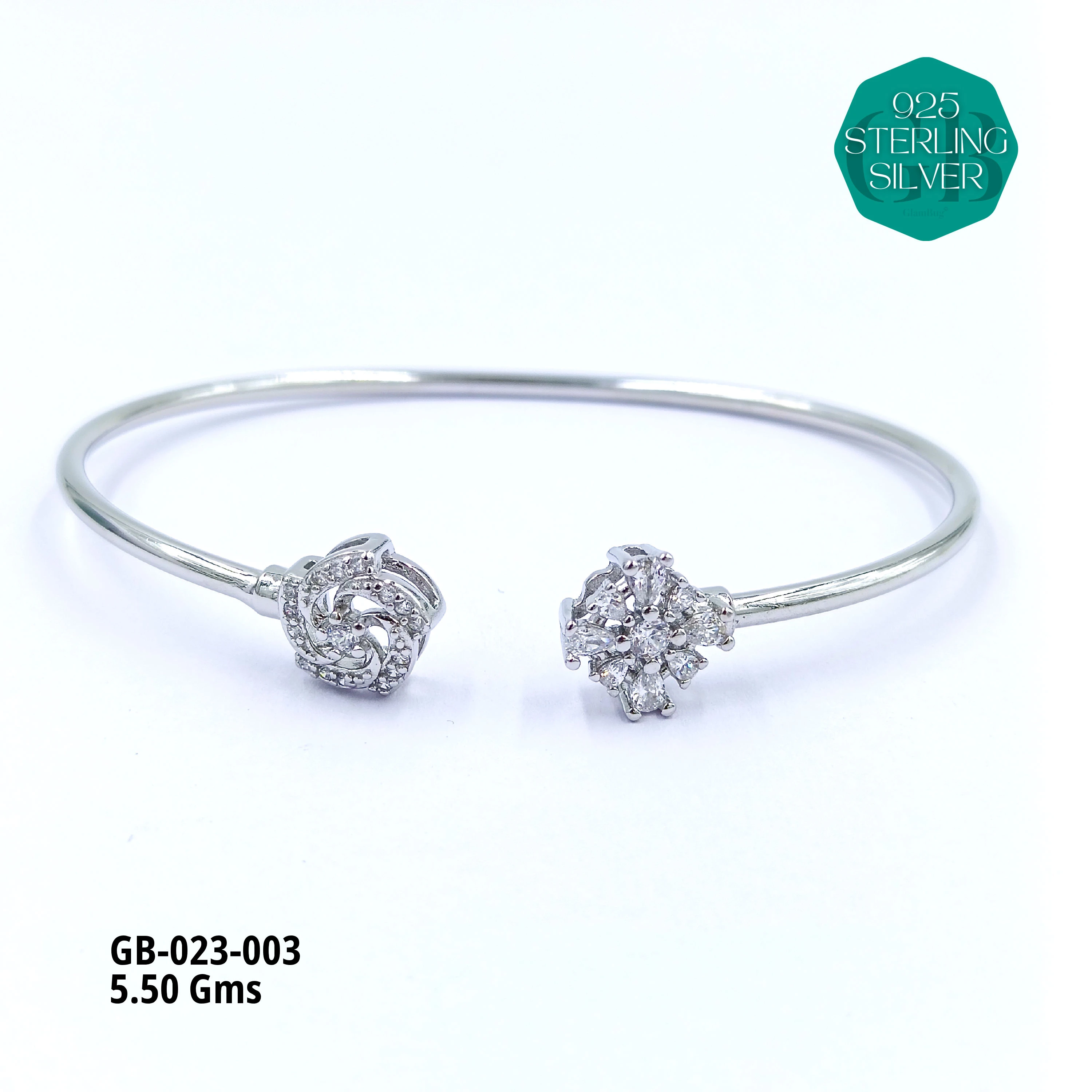 CZ FLEXIBLE KADA - Premium 925 Silver Jewellery - SKU: GB-023-003 - Hyderabad Silver Importers