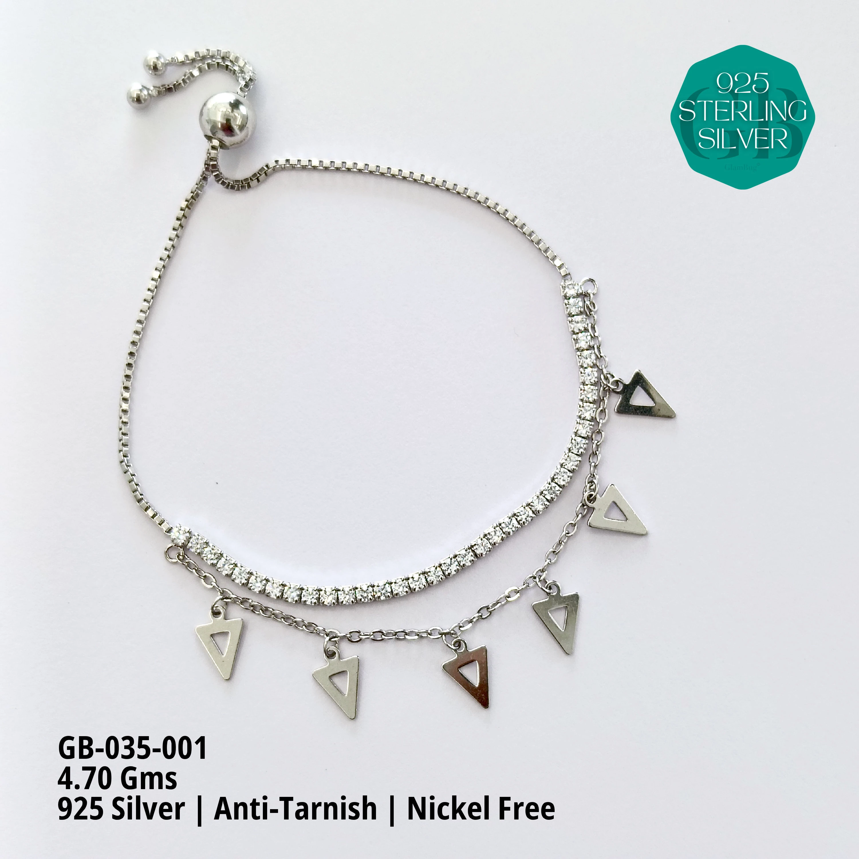 TENNIS + CHARMS 2-LAYER BRACELET - Premium 925 Silver Jewellery - SKU: GB-035-001 - Hyderabad Silver Importers