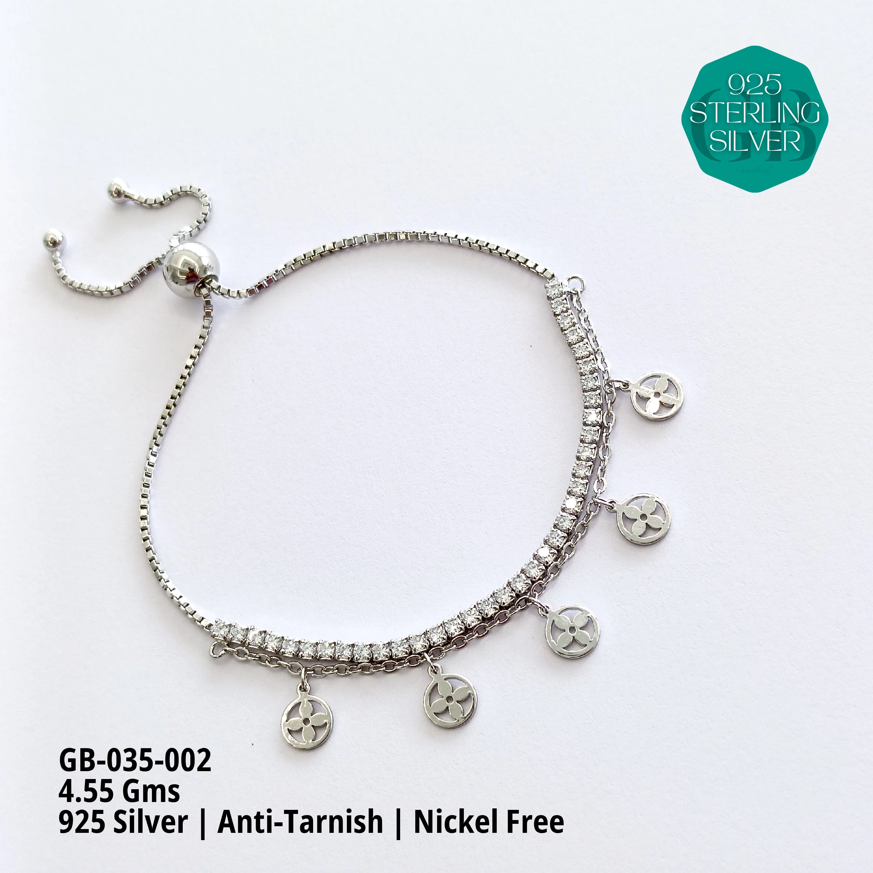 TENNIS + CHARMS 2-LAYER BRACELET - Premium 925 Silver Jewellery - SKU: GB-035-002 - Hyderabad Silver Importers