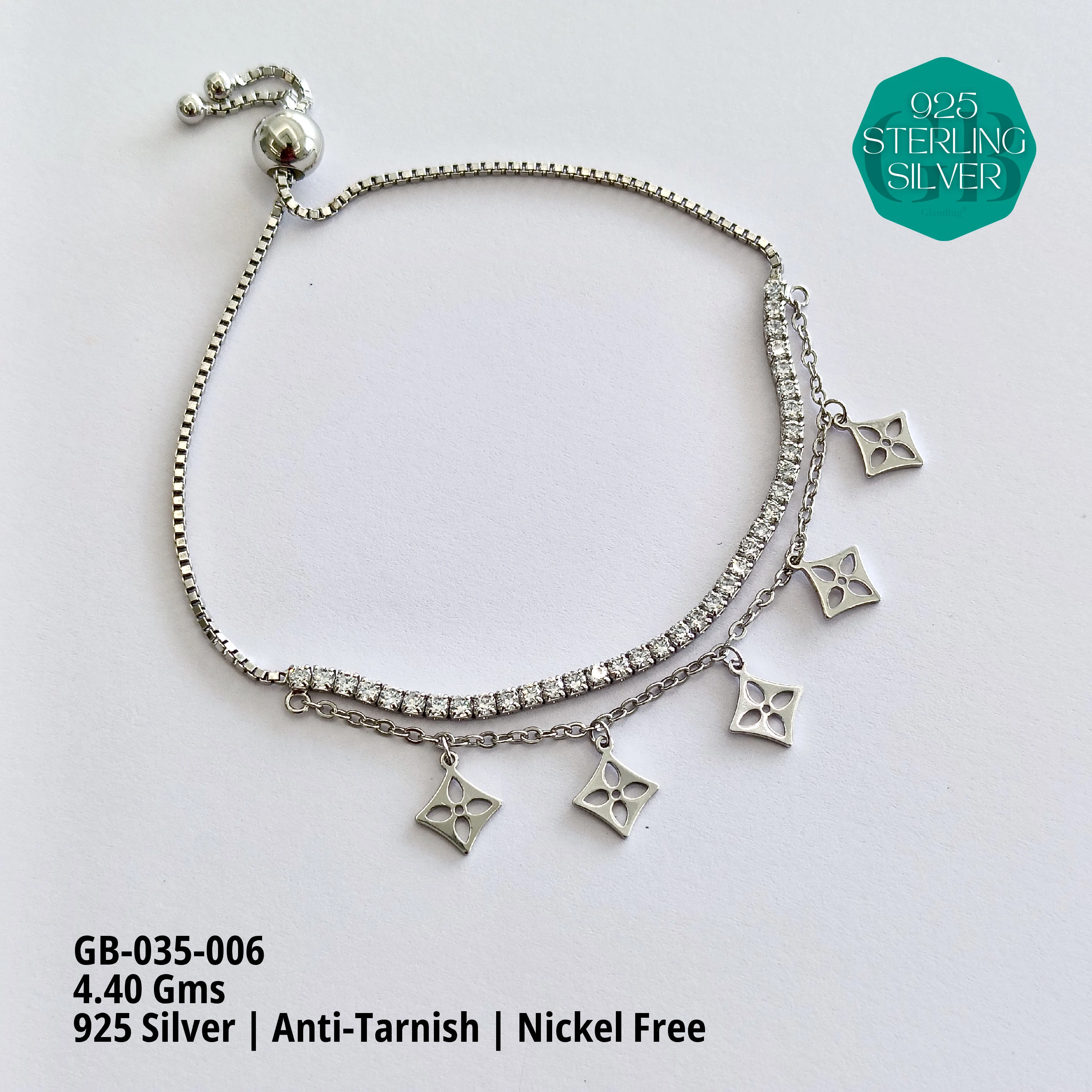 TENNIS + CHARMS 2-LAYER BRACELET - Premium 925 Silver Jewellery - SKU: GB-035-006 - Hyderabad Silver Importers