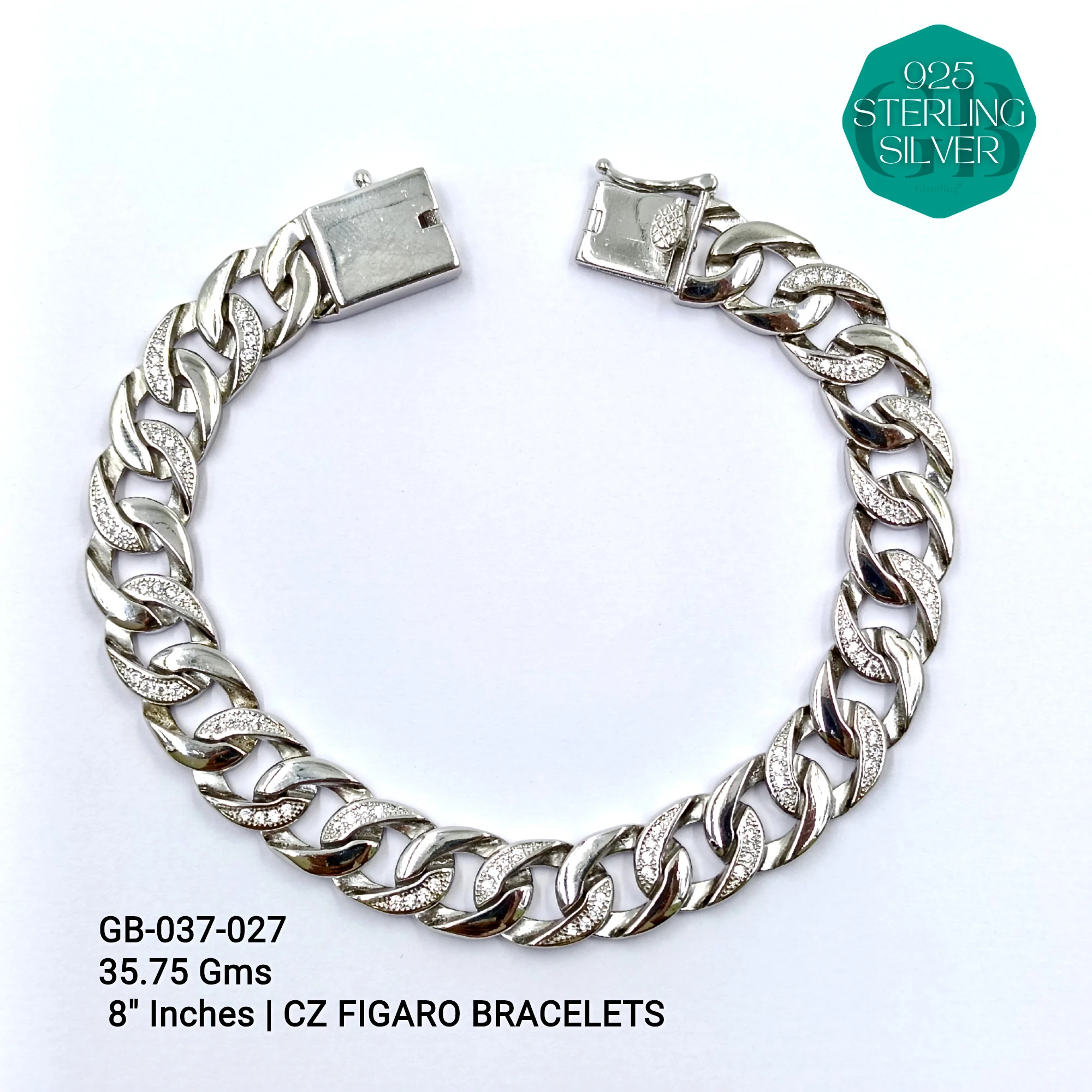 MEN'S CZ FIGARO BRACELETS - Premium 925 Silver Jewellery - SKU: GB-037-027 - Hyderabad Silver Importers