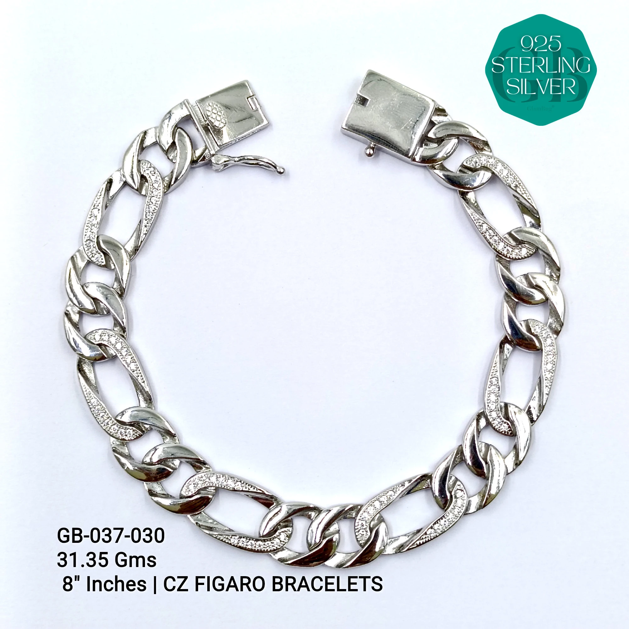 MEN'S CZ FIGARO BRACELETS - Premium 925 Silver Jewellery - SKU: GB-037-030 - Hyderabad Silver Importers
