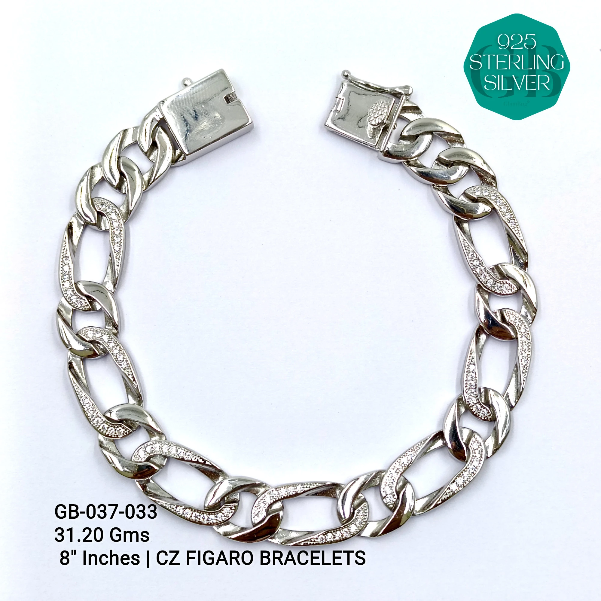 MEN'S CZ FIGARO BRACELETS - Premium 925 Silver Jewellery - SKU: GB-037-033 - Hyderabad Silver Importers