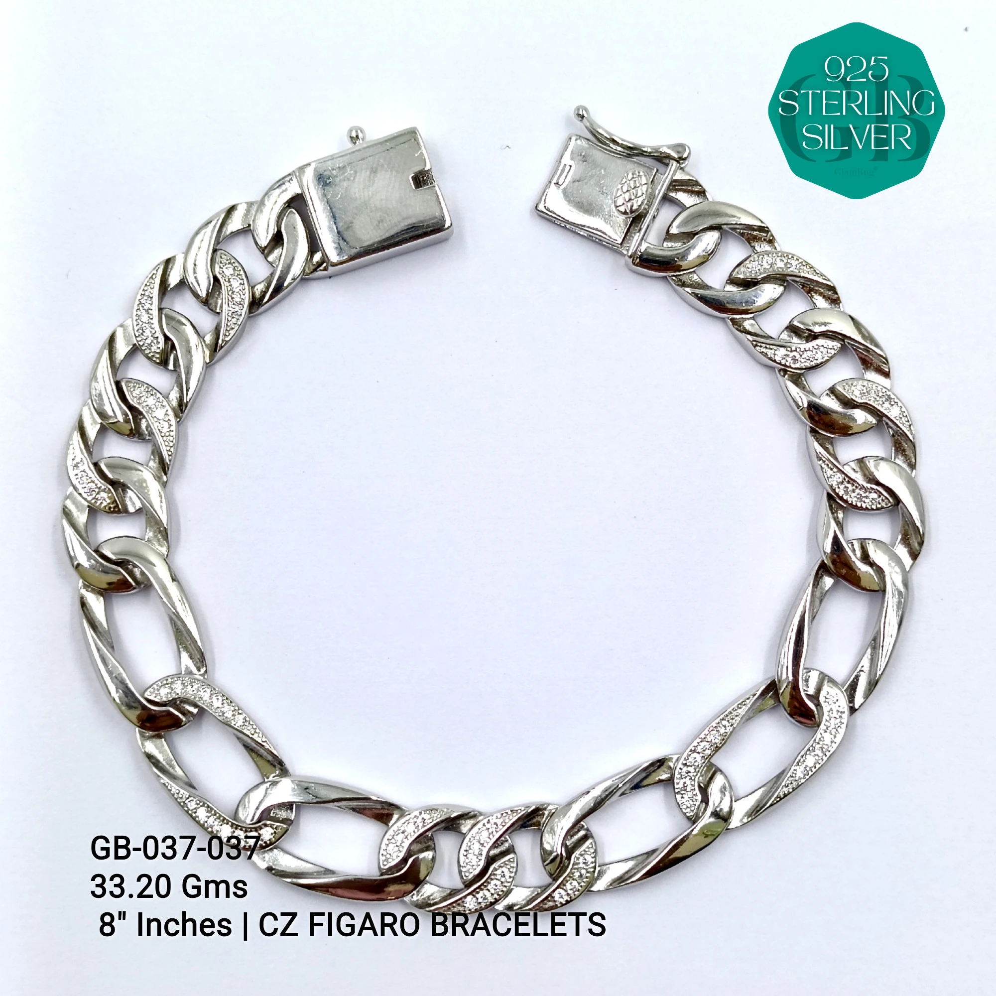 MEN'S CZ FIGARO BRACELETS - Premium 925 Silver Jewellery - SKU: GB-037-037 - Hyderabad Silver Importers