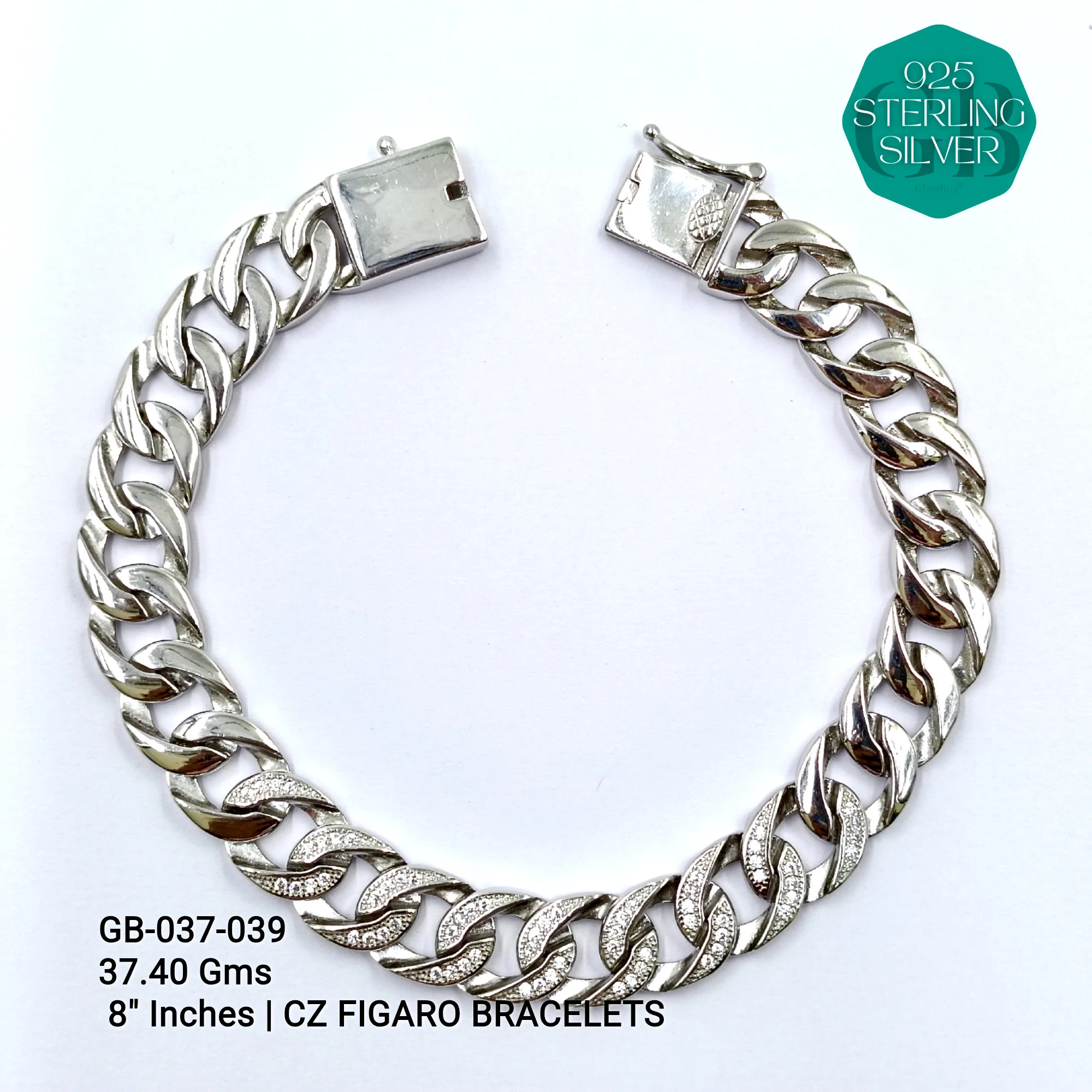 MEN'S CZ FIGARO BRACELETS - Premium 925 Silver Jewellery - SKU: GB-037-039 - Hyderabad Silver Importers