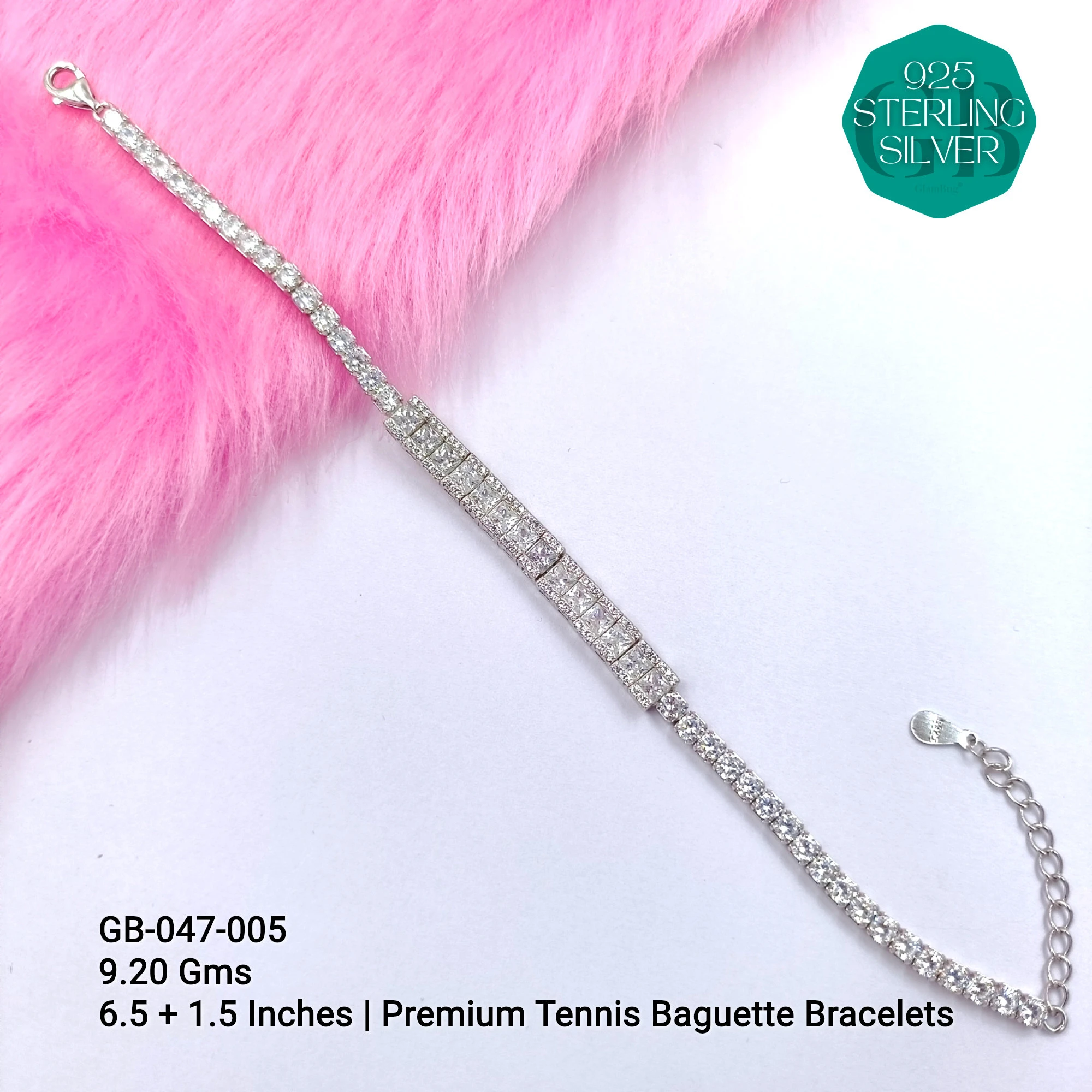 CZ EXCLUSIVE TENNIS BUGUETTE BRACELETS - Premium 925 Silver Jewellery - SKU: GB-047-005 - Hyderabad Silver Importers