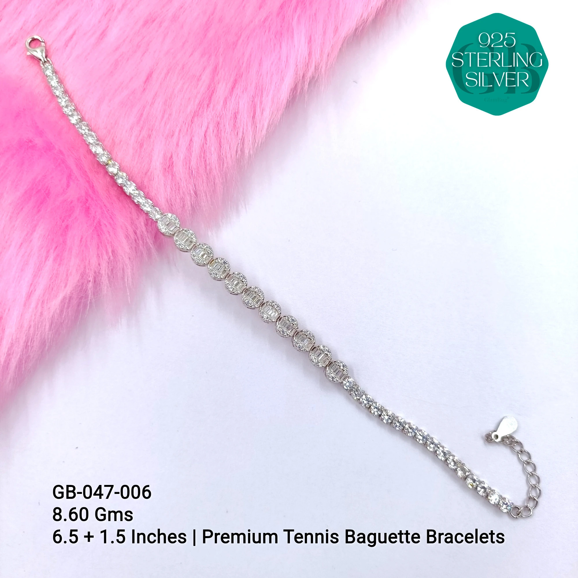 CZ EXCLUSIVE TENNIS BUGUETTE BRACELETS - Premium 925 Silver Jewellery - SKU: GB-047-006 - Hyderabad Silver Importers