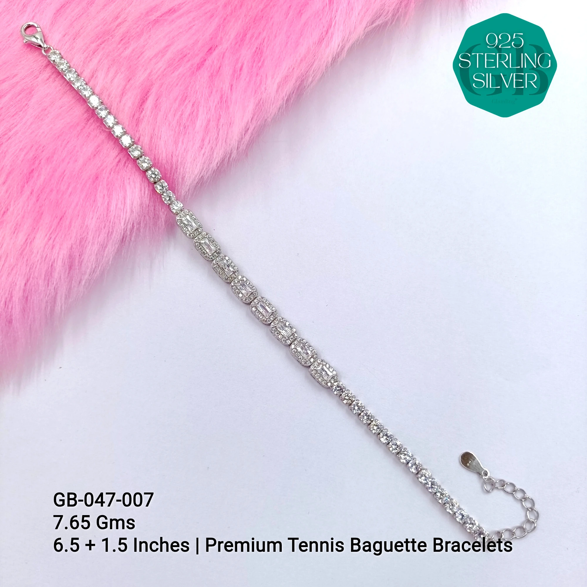 CZ EXCLUSIVE TENNIS BUGUETTE BRACELETS - Premium 925 Silver Jewellery - SKU: GB-047-007 - Hyderabad Silver Importers