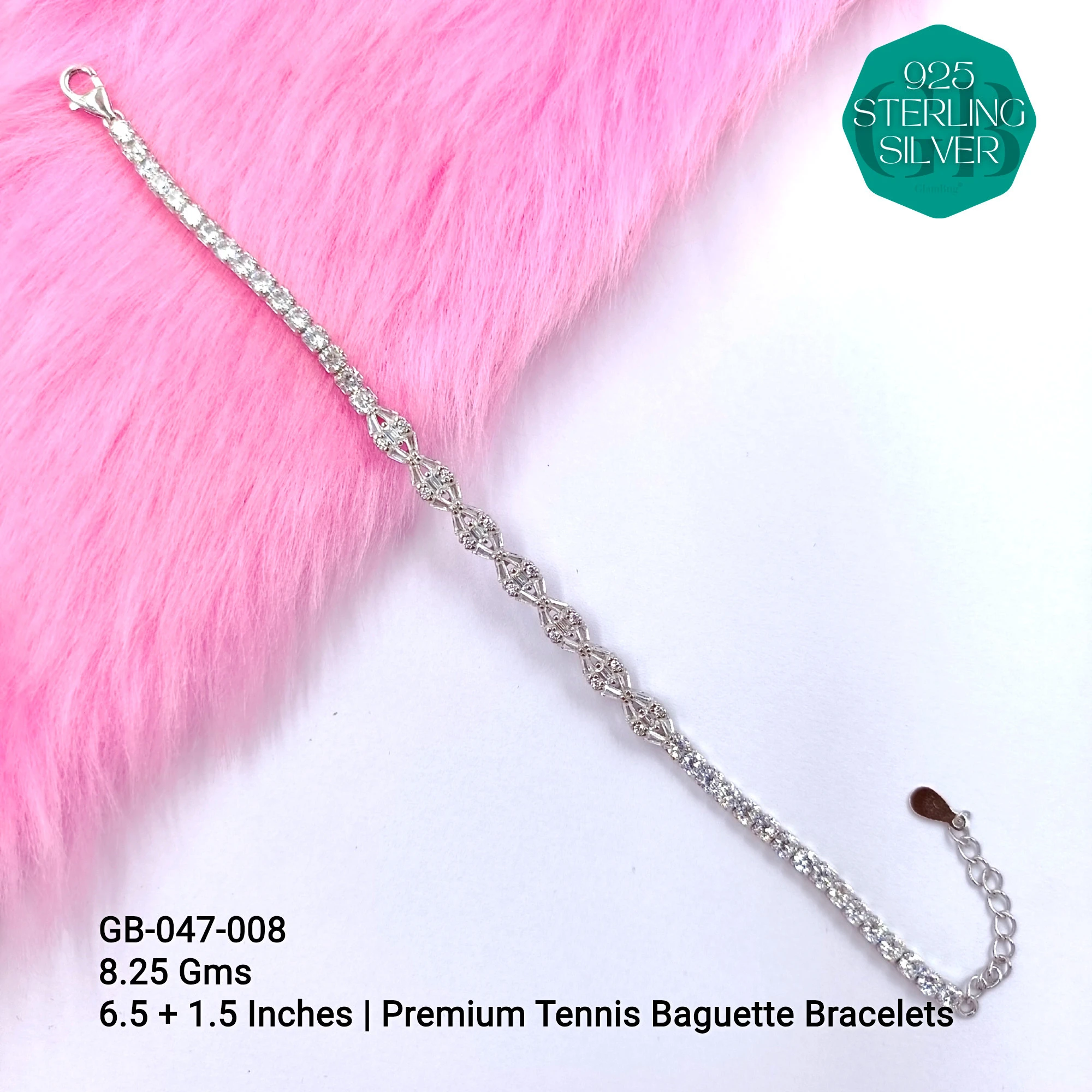 CZ EXCLUSIVE TENNIS BUGUETTE BRACELETS - Premium 925 Silver Jewellery - SKU: GB-047-008 - Hyderabad Silver Importers