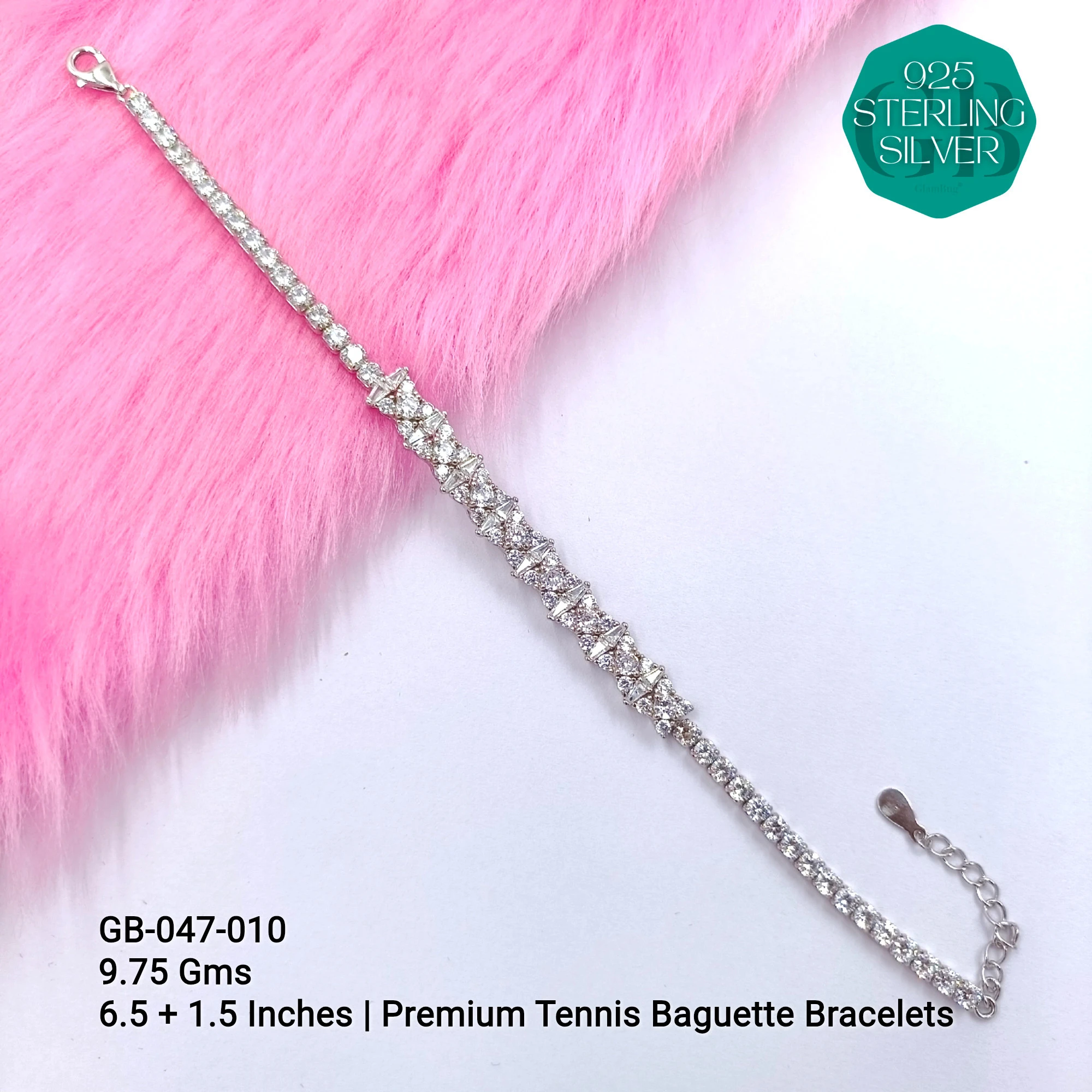 CZ EXCLUSIVE TENNIS BUGUETTE BRACELETS - Premium 925 Silver Jewellery - SKU: GB-047-010 - Hyderabad Silver Importers
