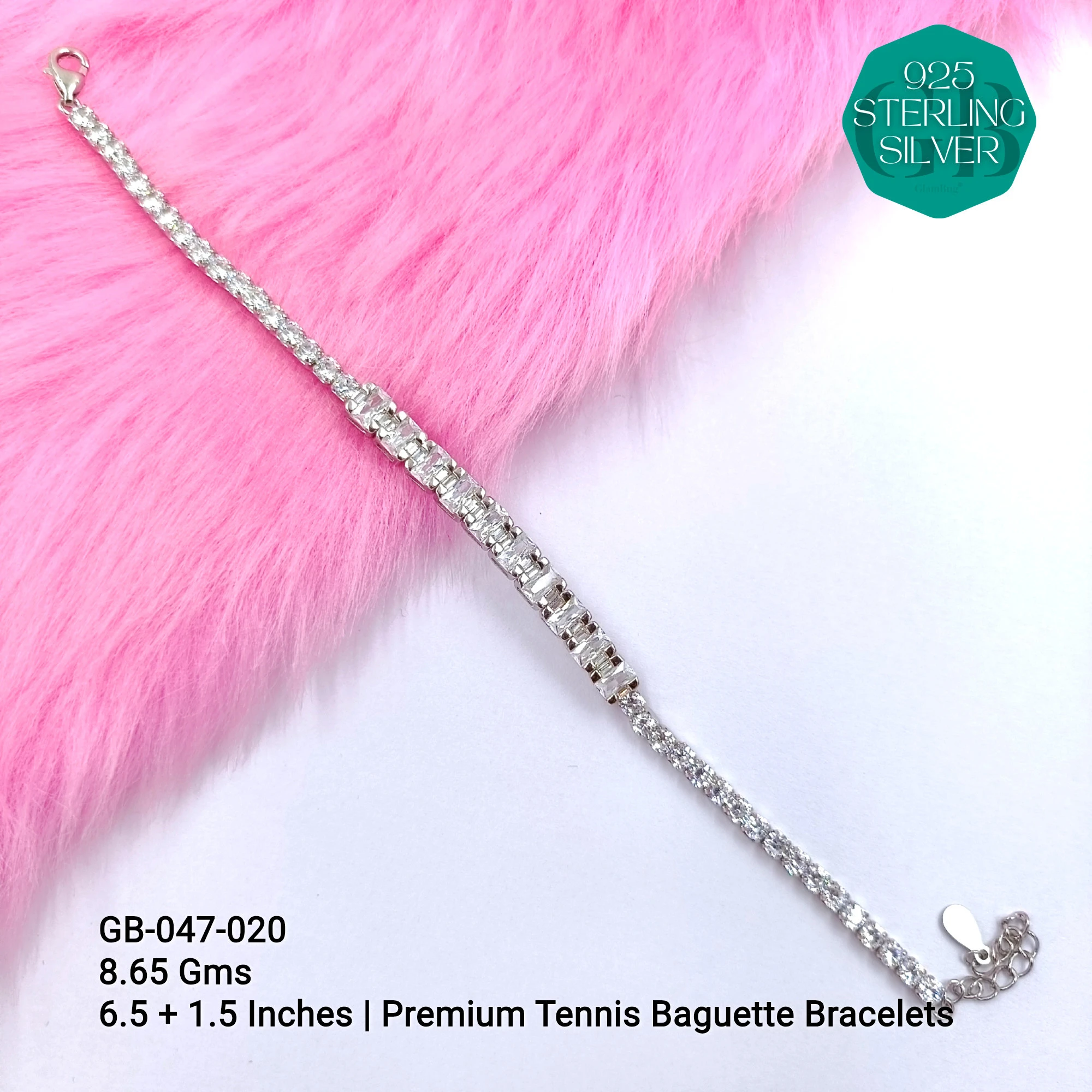 CZ EXCLUSIVE TENNIS BUGUETTE BRACELETS - Premium 925 Silver Jewellery - SKU: GB-047-020 - Hyderabad Silver Importers