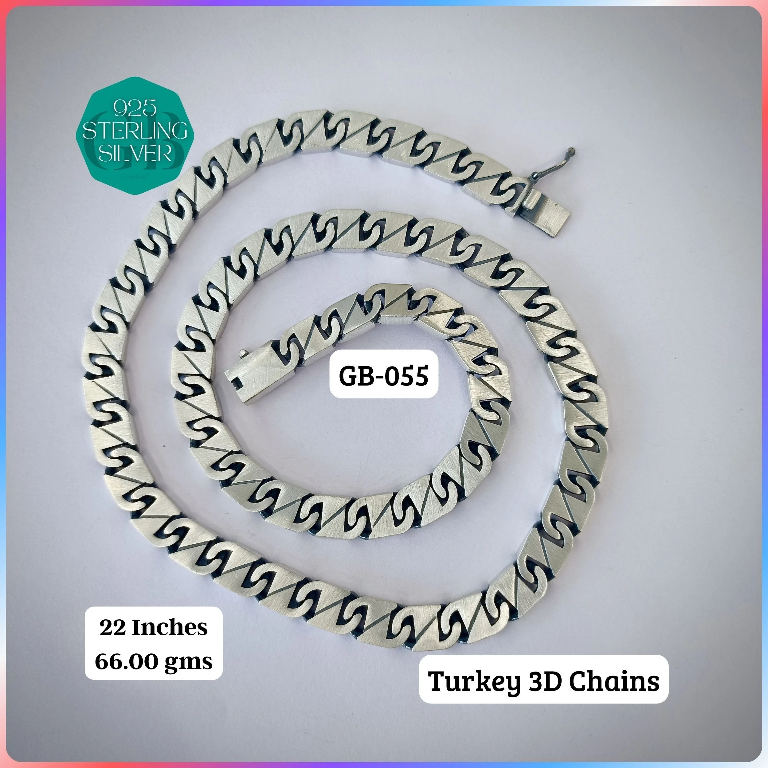 TURKEY MAN MATT 3D CHAIN - Premium 925 Silver Jewellery - SKU: GB-055-002 - Hyderabad Silver Importers