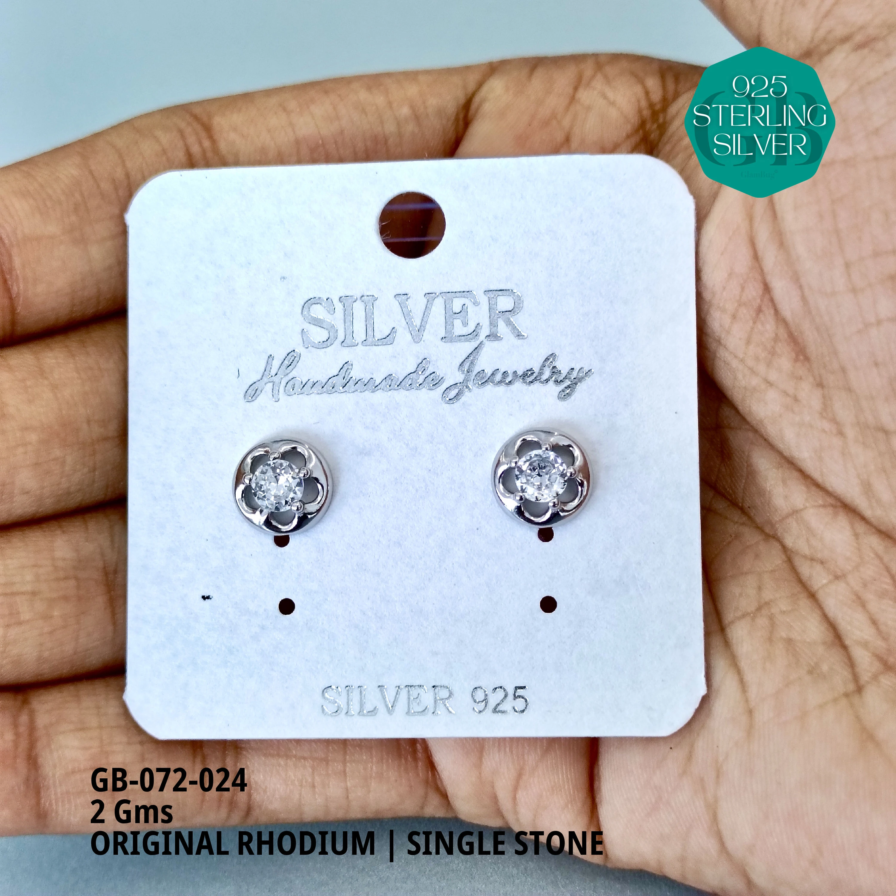 RHODIUM SINGLE STONE STUDS - Premium 925 Silver Jewellery - SKU: GB-072-024 - Hyderabad Silver Importers