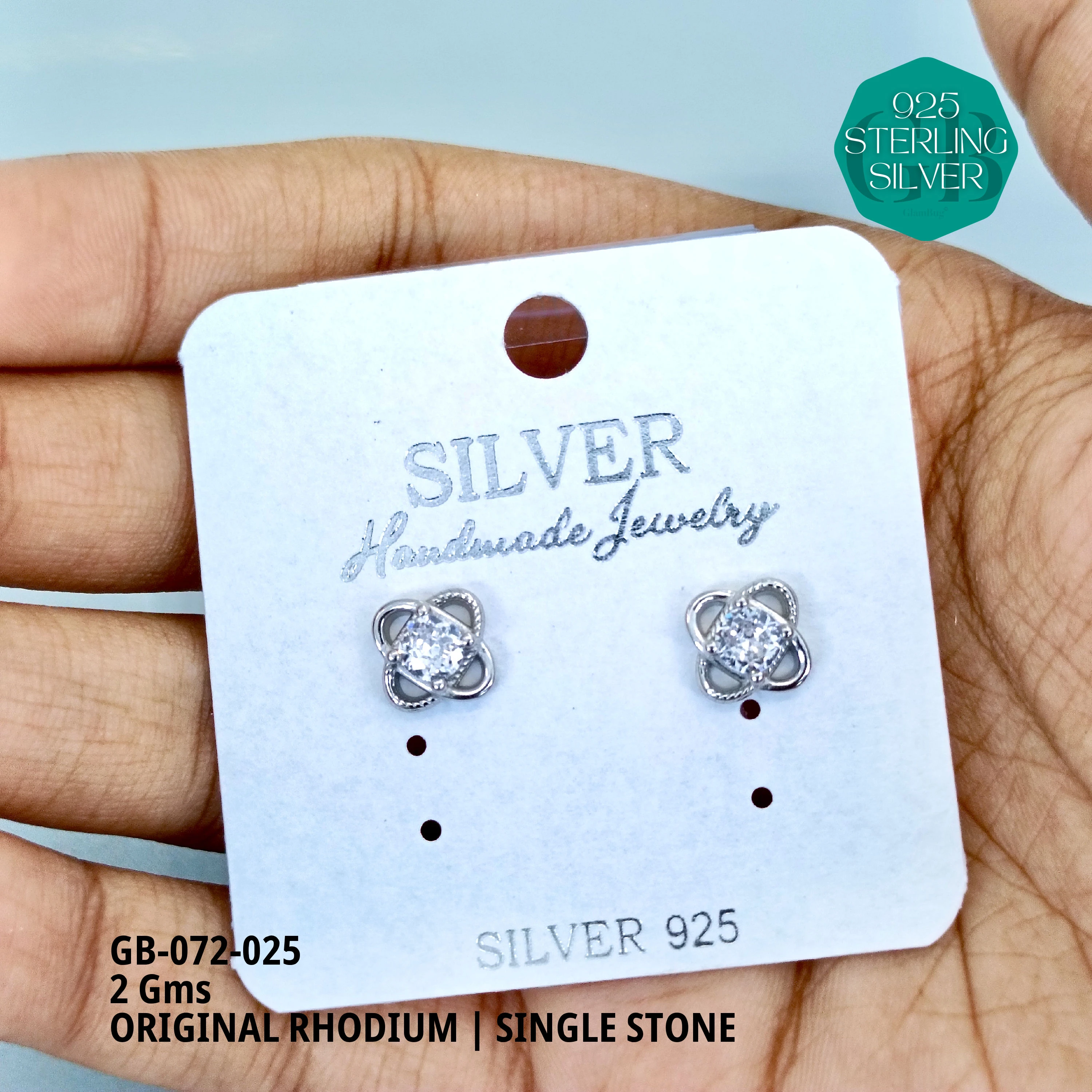 RHODIUM SINGLE STONE STUDS - Premium 925 Silver Jewellery - SKU: GB-072-025 - Hyderabad Silver Importers