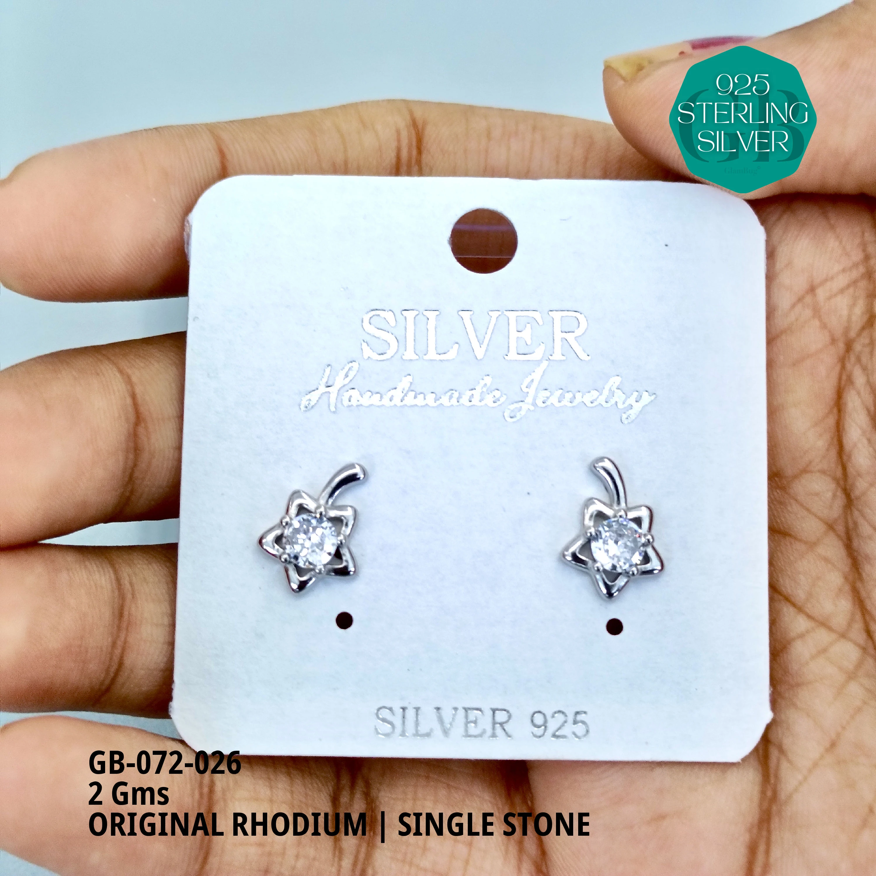 RHODIUM SINGLE STONE STUDS - Premium 925 Silver Jewellery - SKU: GB-072-026 - Hyderabad Silver Importers