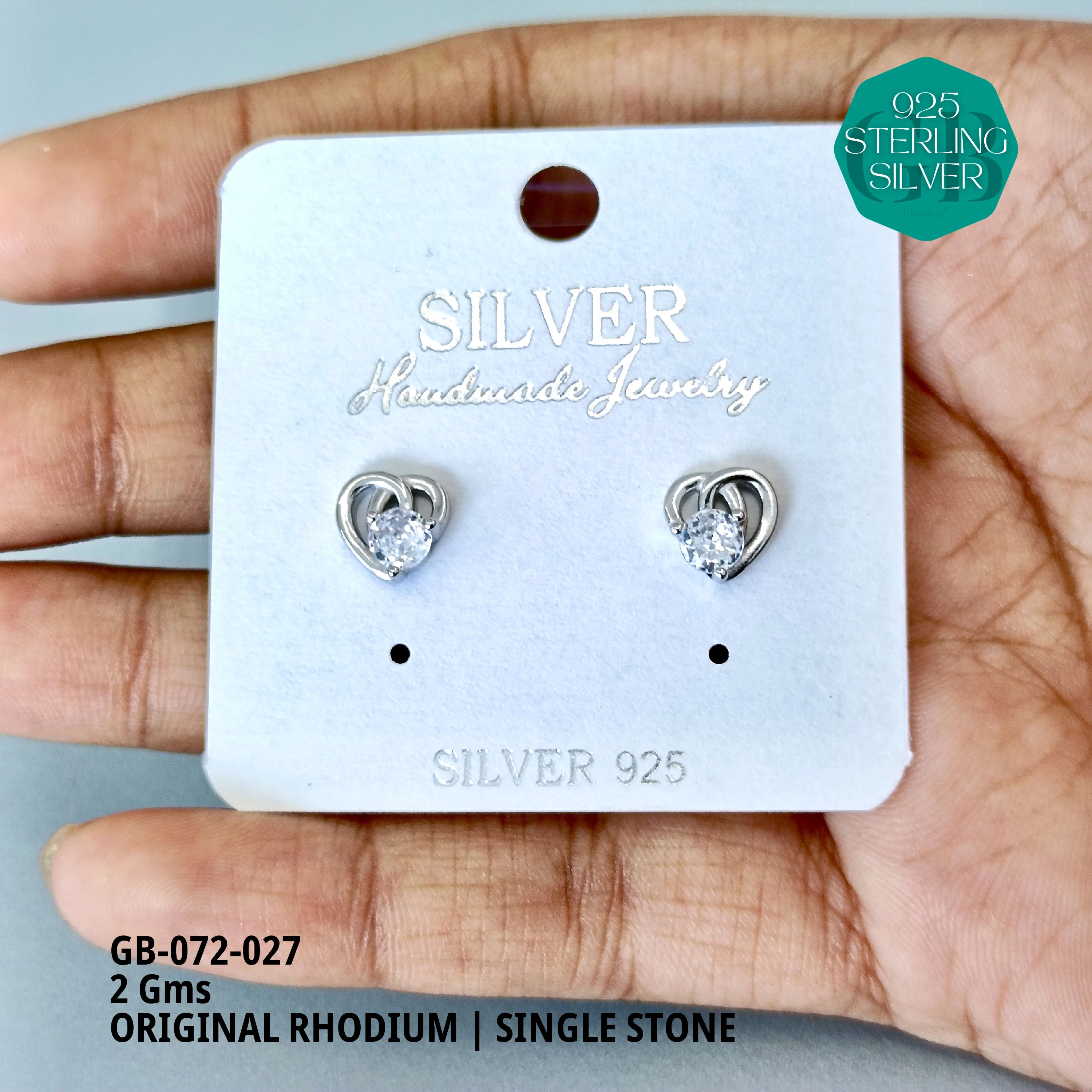 RHODIUM SINGLE STONE STUDS - Premium 925 Silver Jewellery - SKU: GB-072-027 - Hyderabad Silver Importers