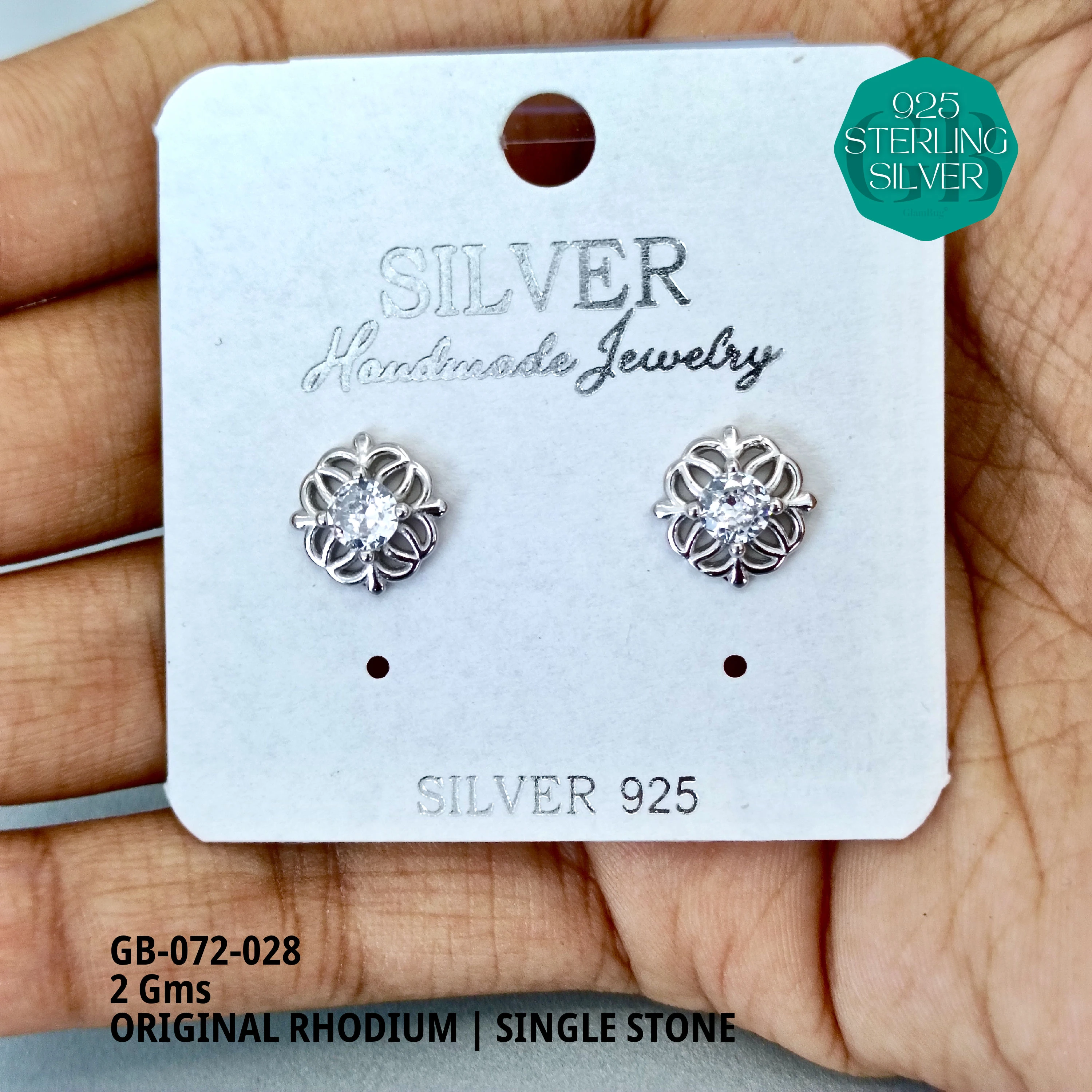 RHODIUM SINGLE STONE STUDS - Premium 925 Silver Jewellery - SKU: GB-072-028 - Hyderabad Silver Importers