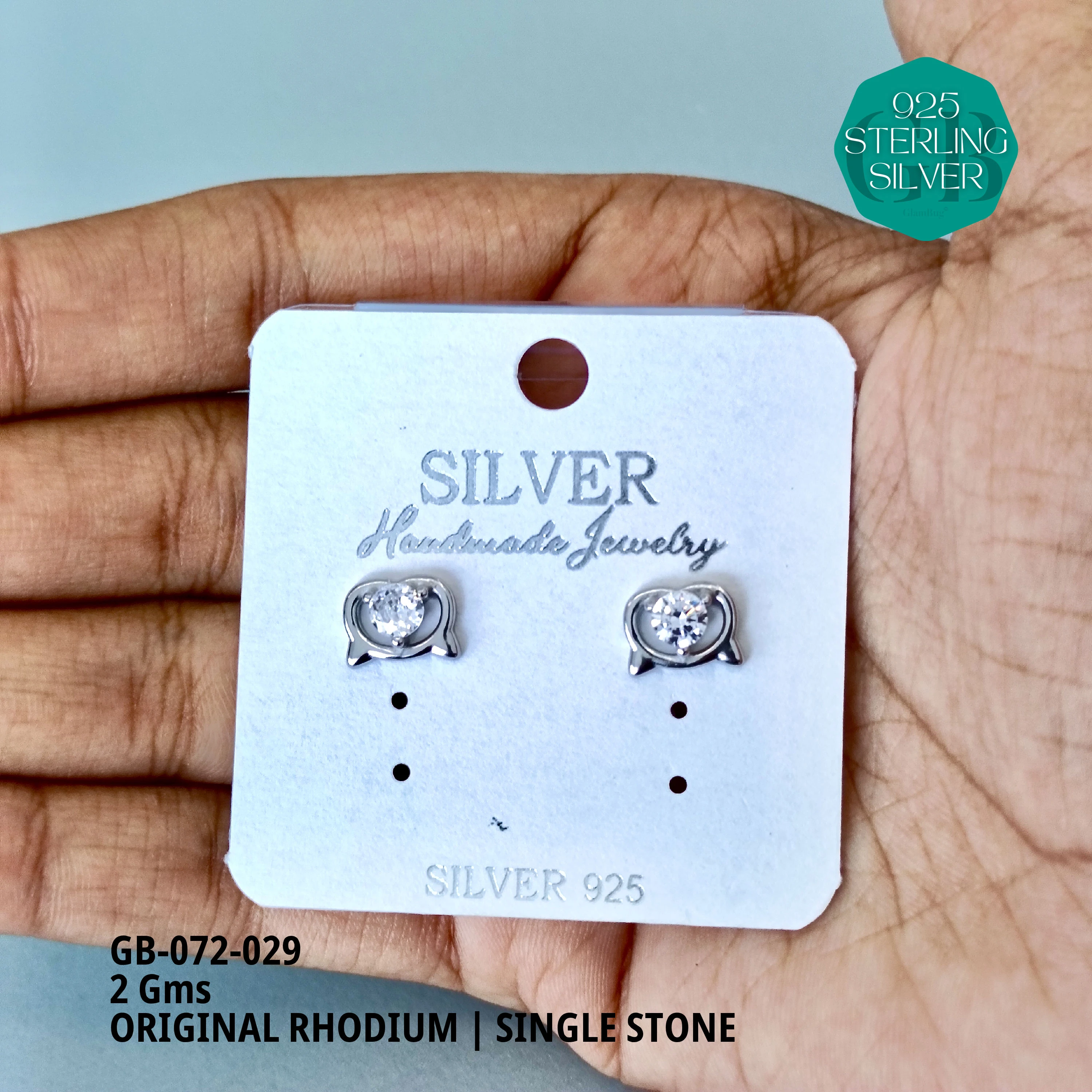 RHODIUM SINGLE STONE STUDS - Premium 925 Silver Jewellery - SKU: GB-072-029 - Hyderabad Silver Importers