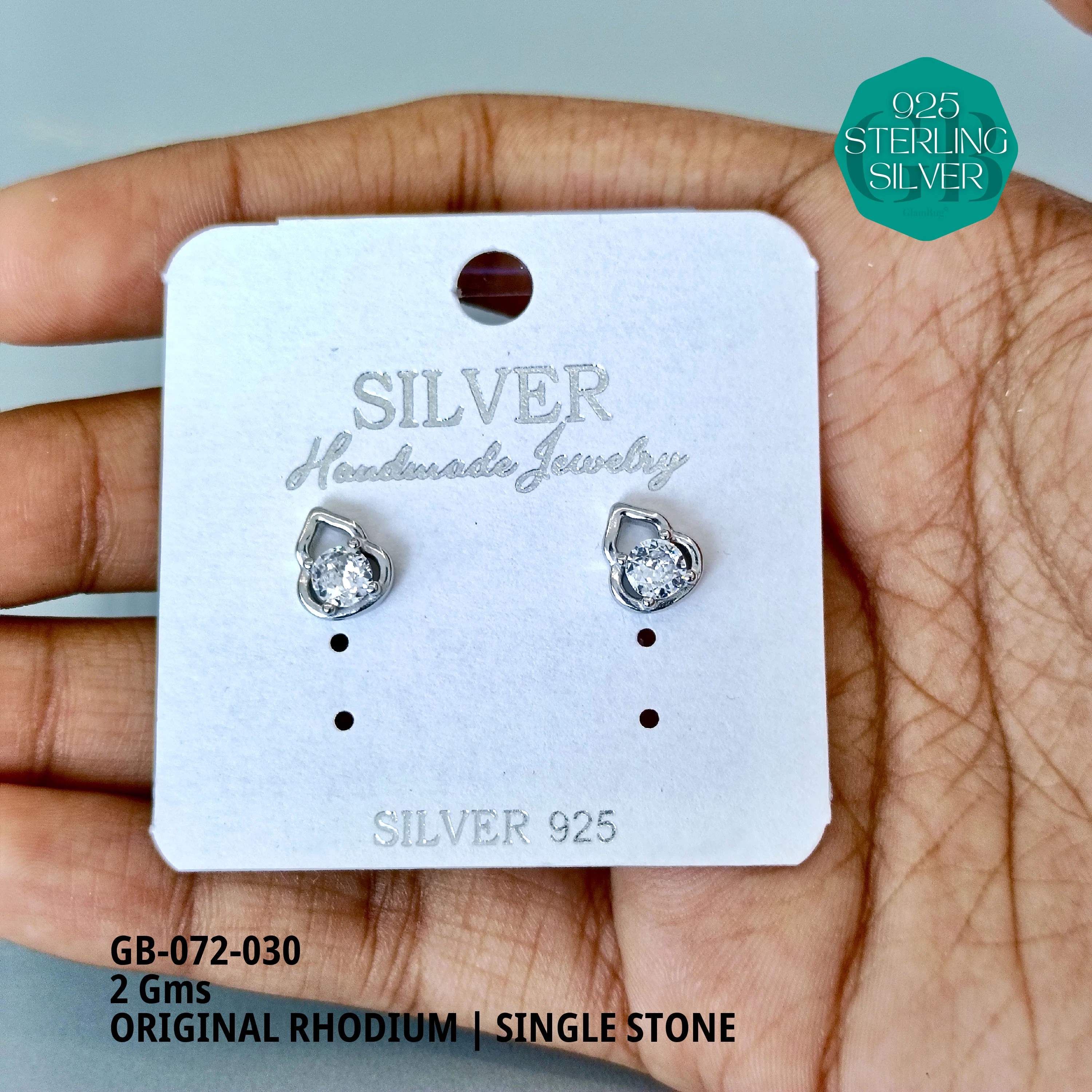 RHODIUM SINGLE STONE STUDS - Premium 925 Silver Jewellery - SKU: GB-072-030 - Hyderabad Silver Importers