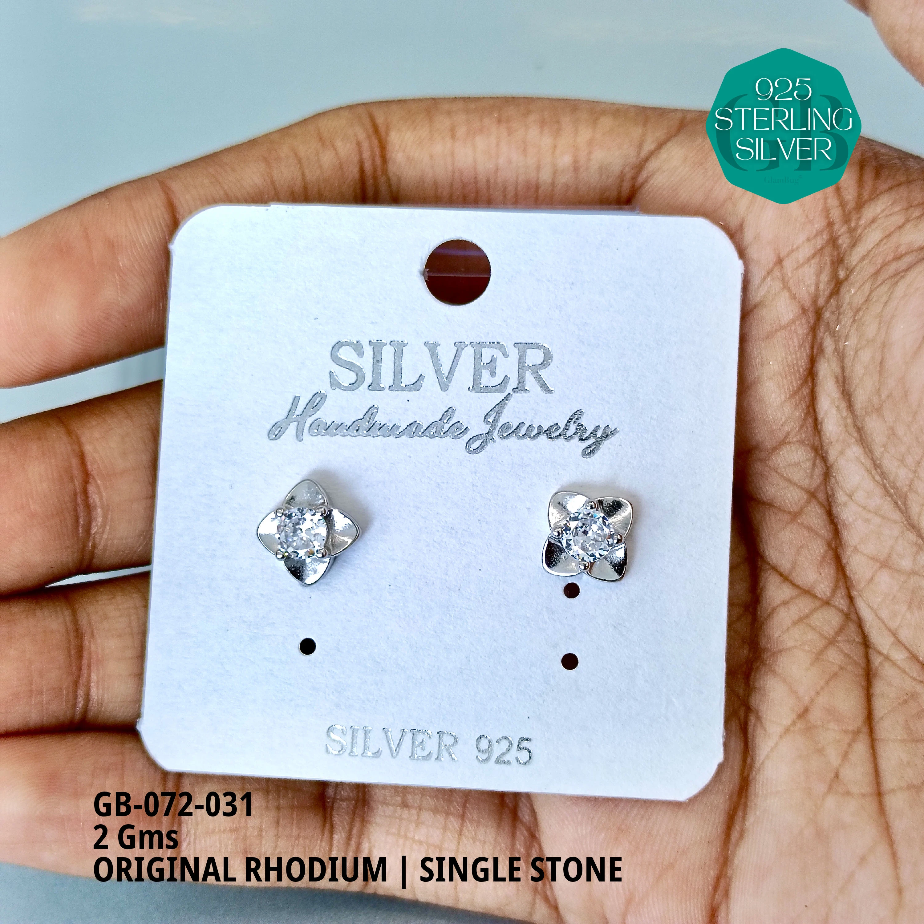 RHODIUM SINGLE STONE STUDS - Premium 925 Silver Jewellery - SKU: GB-072-031 - Hyderabad Silver Importers