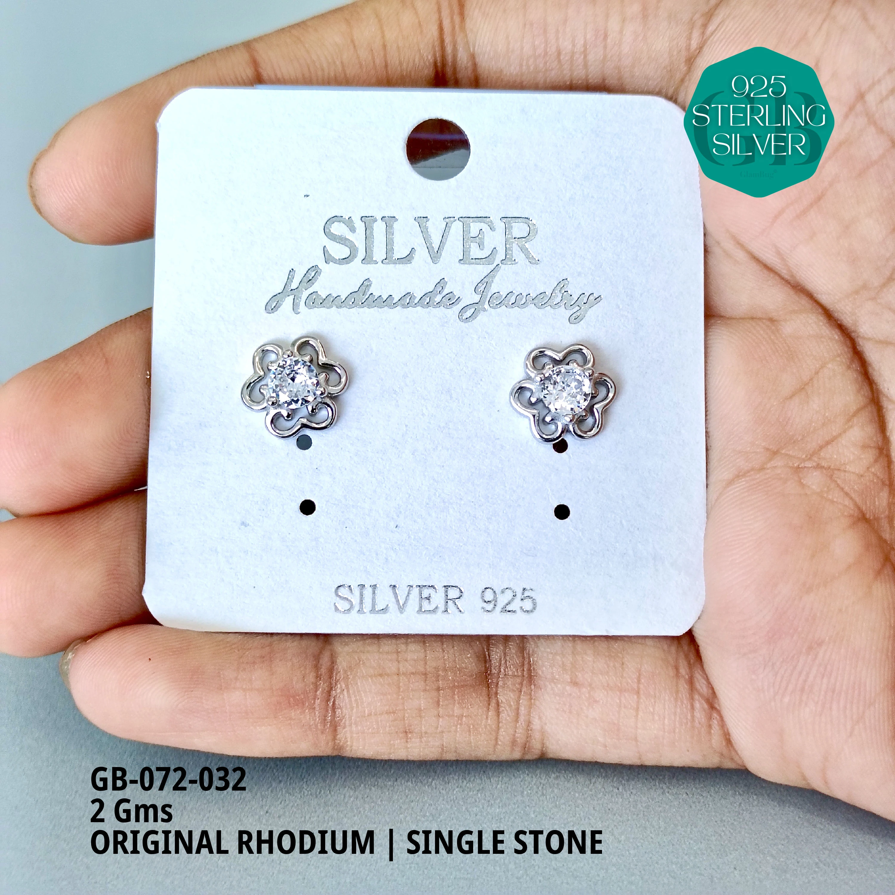 RHODIUM SINGLE STONE STUDS - Premium 925 Silver Jewellery - SKU: GB-072-032 - Hyderabad Silver Importers