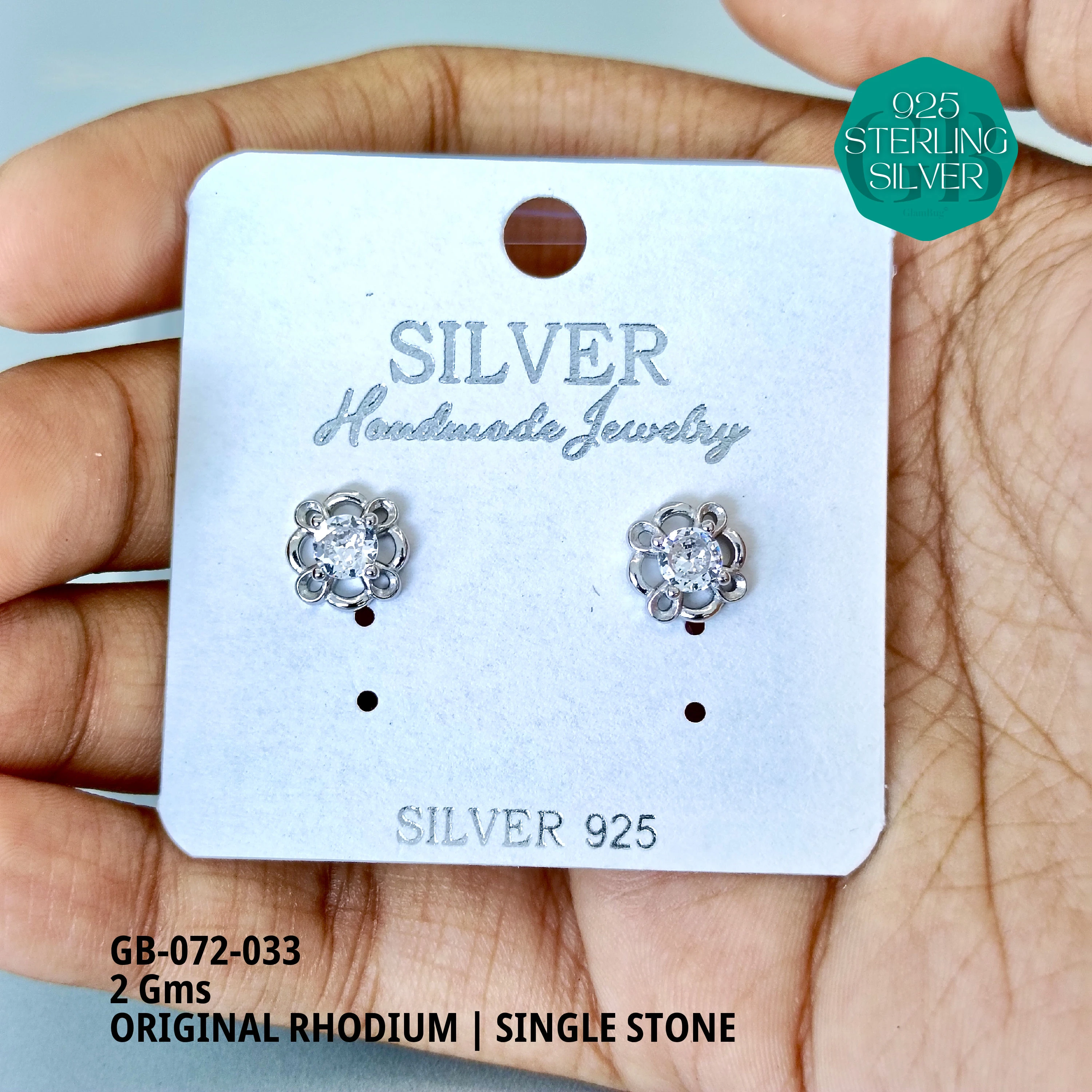 RHODIUM SINGLE STONE STUDS - Premium 925 Silver Jewellery - SKU: GB-072-033 - Hyderabad Silver Importers