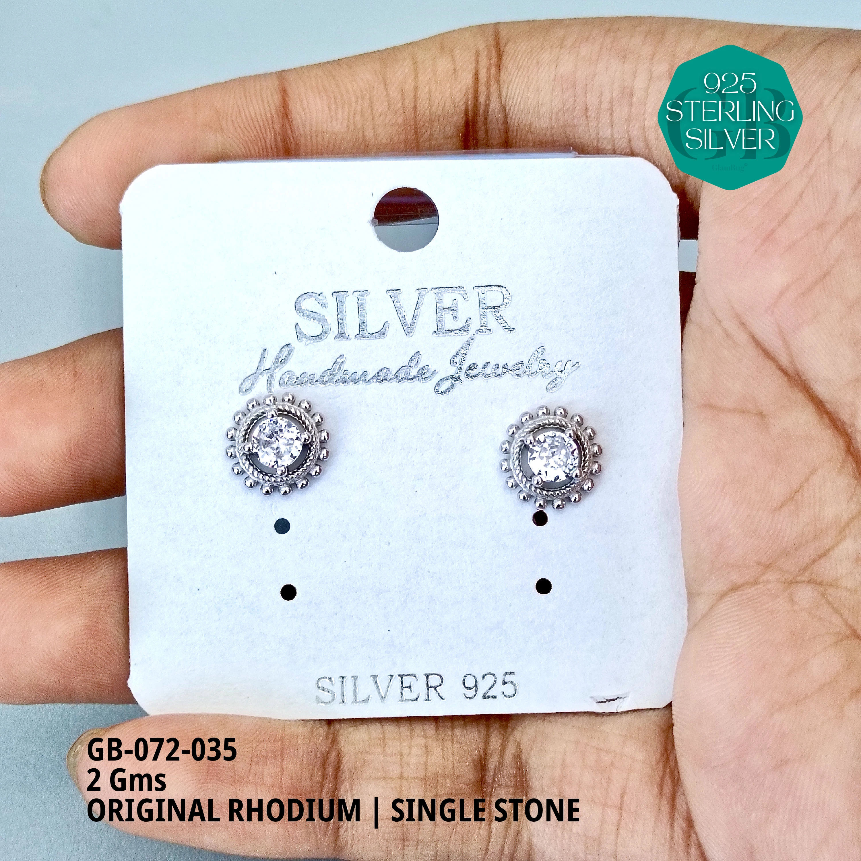 RHODIUM SINGLE STONE STUDS - Premium 925 Silver Jewellery - SKU: GB-072-035 - Hyderabad Silver Importers