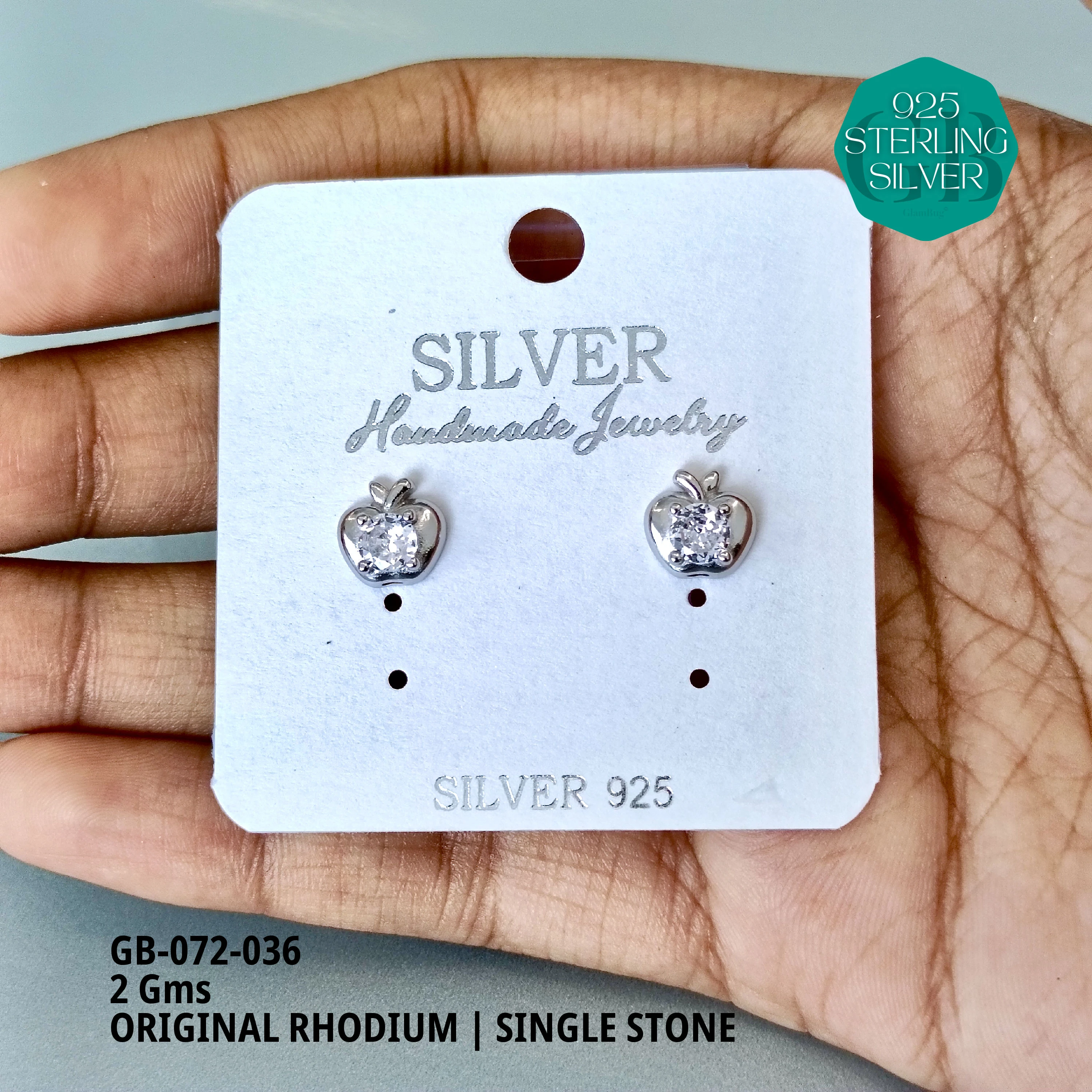 RHODIUM SINGLE STONE STUDS - Premium 925 Silver Jewellery - SKU: GB-072-036 - Hyderabad Silver Importers