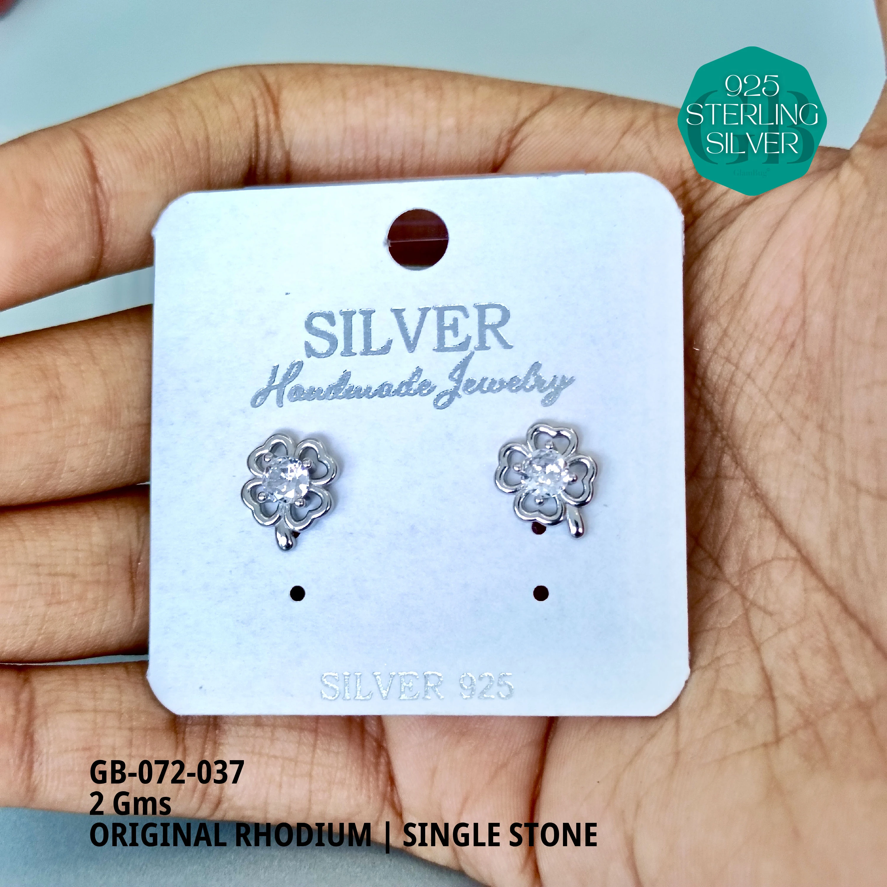RHODIUM SINGLE STONE STUDS - Premium 925 Silver Jewellery - SKU: GB-072-037 - Hyderabad Silver Importers