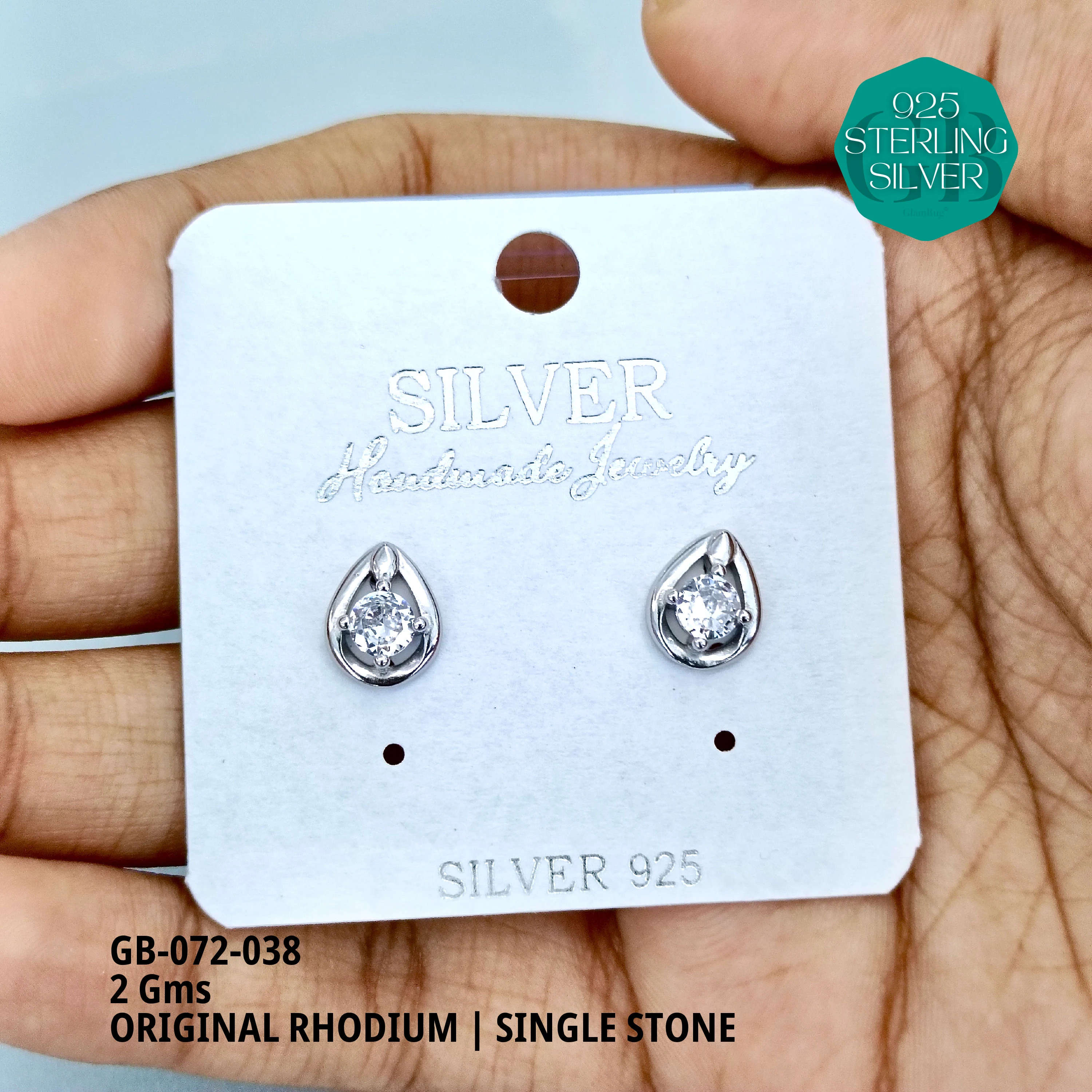 RHODIUM SINGLE STONE STUDS - Premium 925 Silver Jewellery - SKU: GB-072-038 - Hyderabad Silver Importers