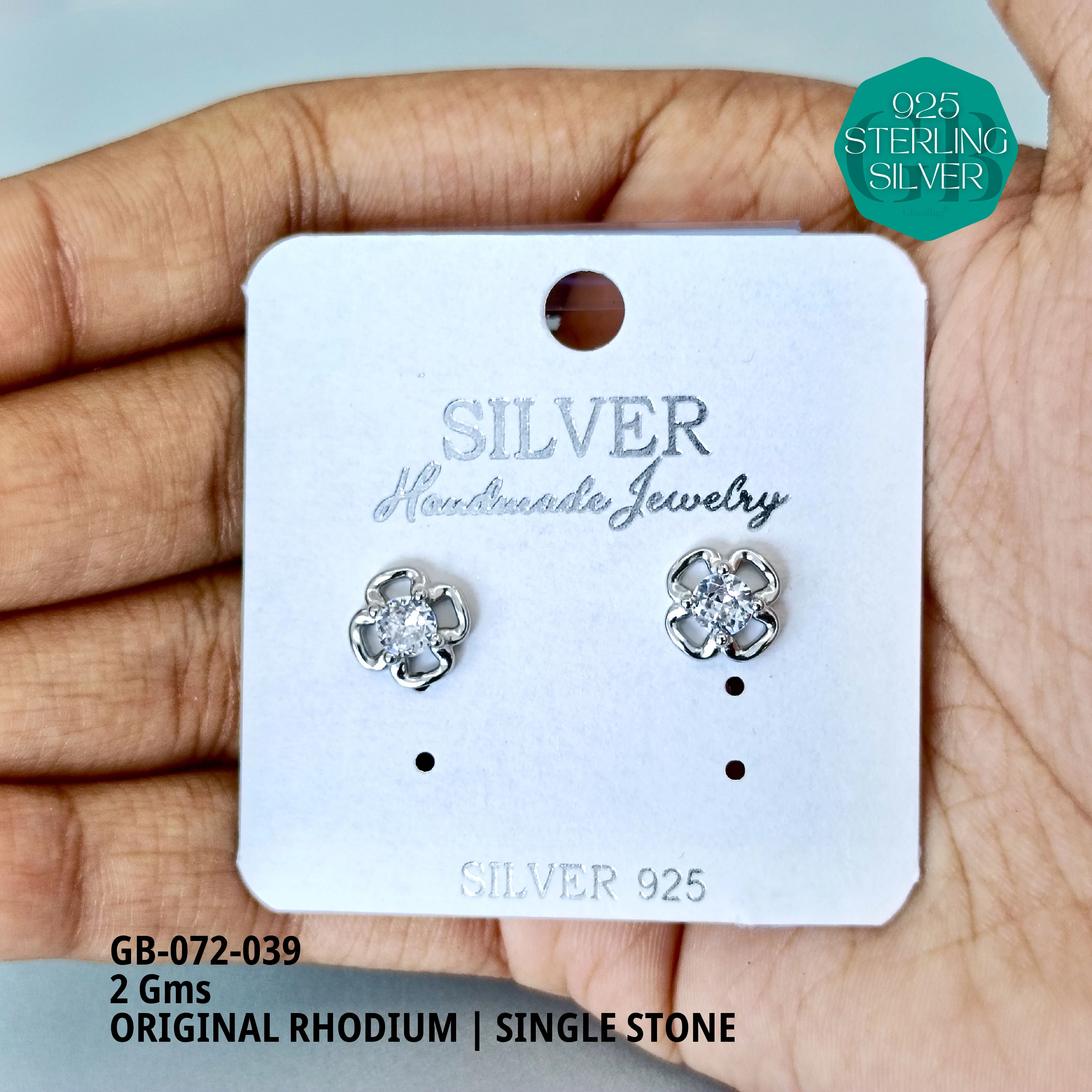 RHODIUM SINGLE STONE STUDS - Premium 925 Silver Jewellery - SKU: GB-072-039 - Hyderabad Silver Importers