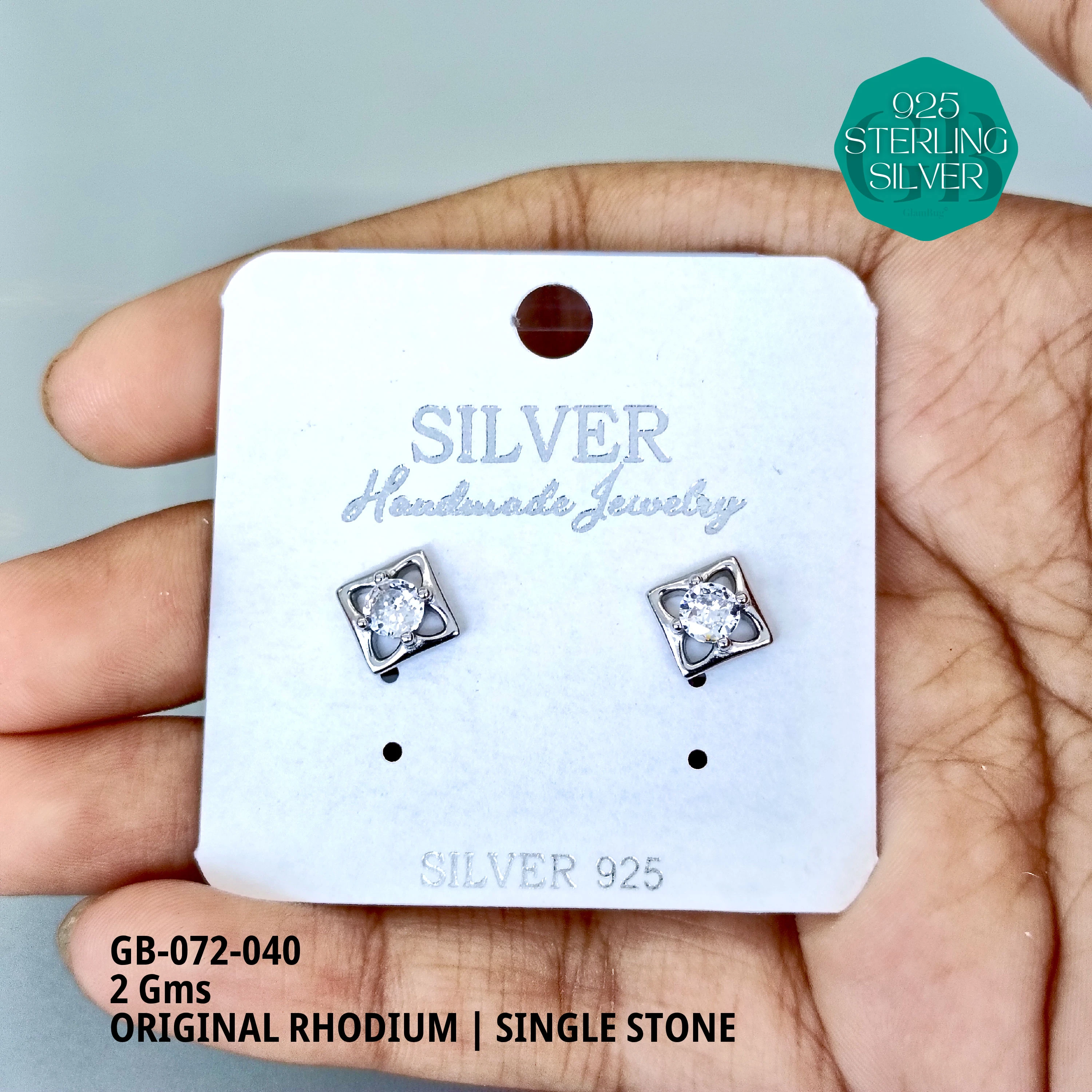RHODIUM SINGLE STONE STUDS - Premium 925 Silver Jewellery - SKU: GB-072-040 - Hyderabad Silver Importers