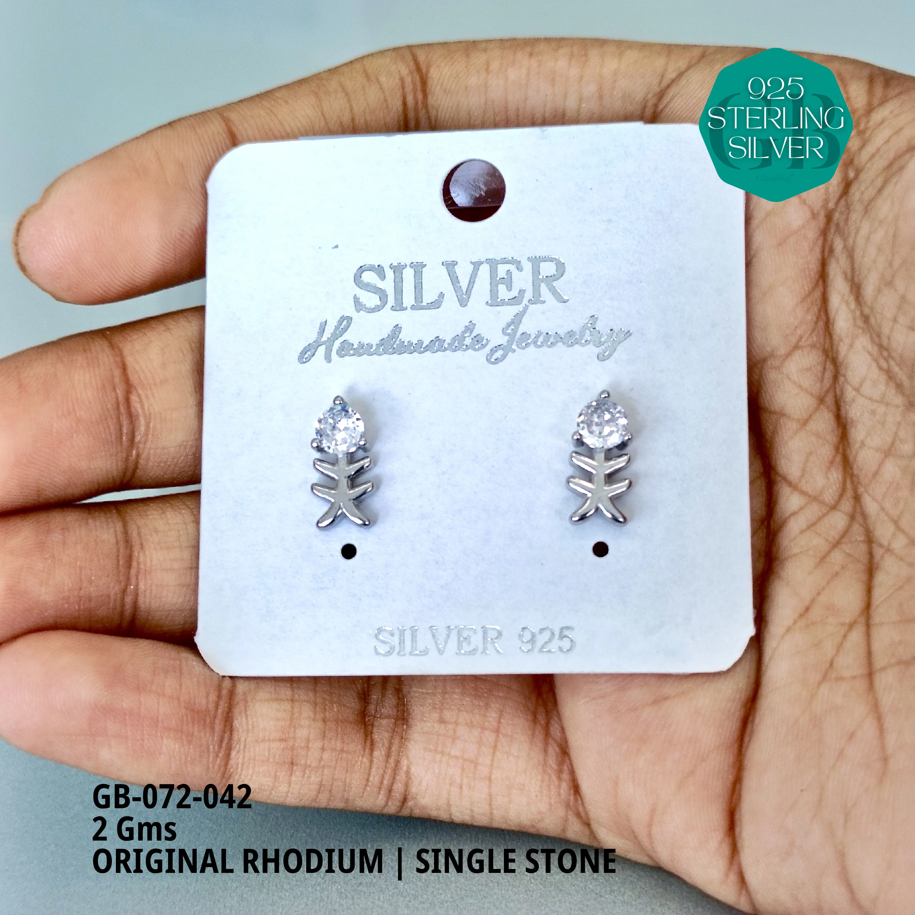 RHODIUM SINGLE STONE STUDS - Premium 925 Silver Jewellery - SKU: GB-072-042 - Hyderabad Silver Importers
