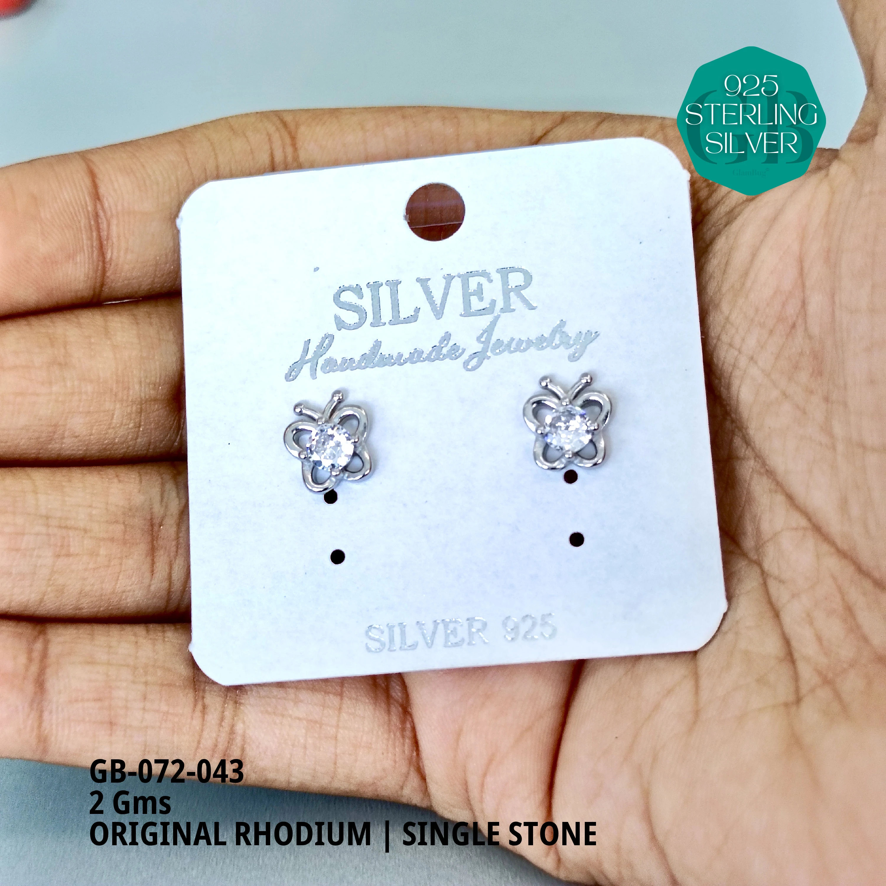 RHODIUM SINGLE STONE STUDS - Premium 925 Silver Jewellery - SKU: GB-072-043 - Hyderabad Silver Importers