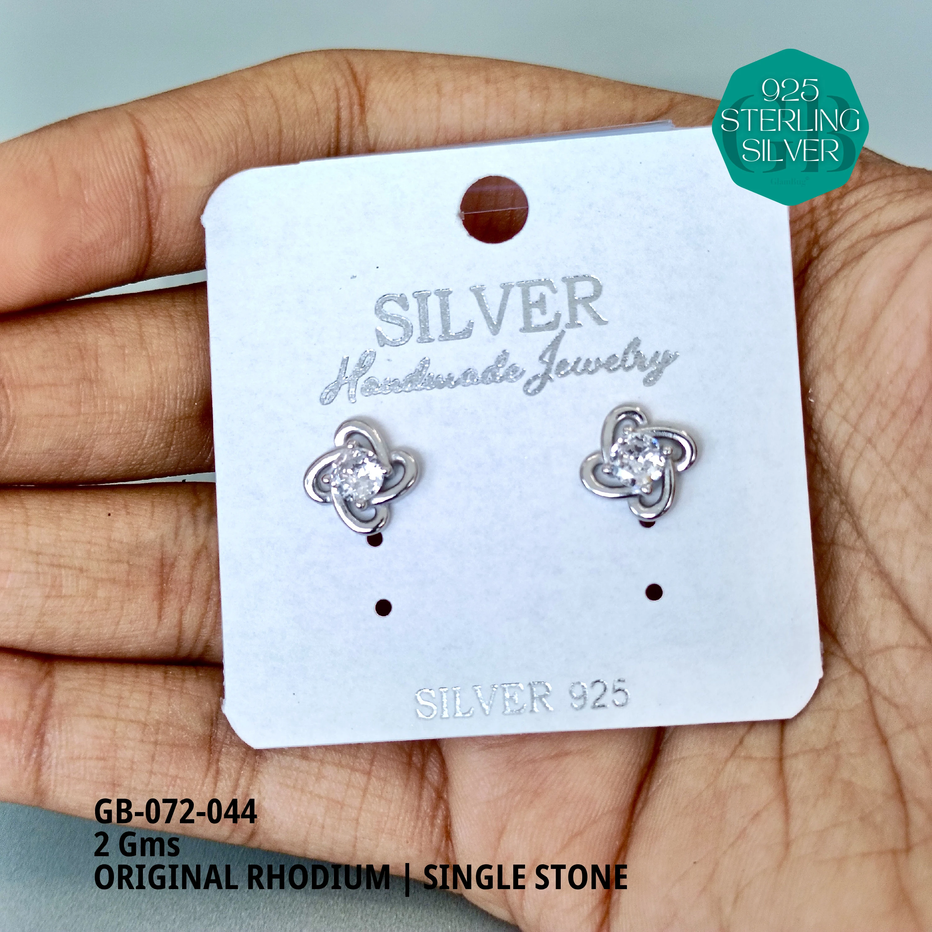 RHODIUM SINGLE STONE STUDS - Premium 925 Silver Jewellery - SKU: GB-072-044 - Hyderabad Silver Importers