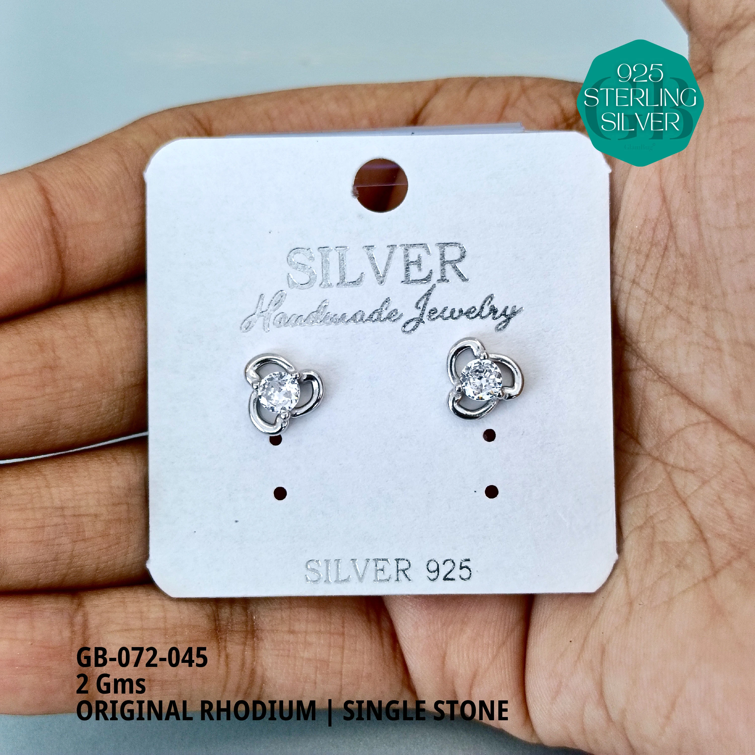 RHODIUM SINGLE STONE STUDS - Premium 925 Silver Jewellery - SKU: GB-072-045 - Hyderabad Silver Importers