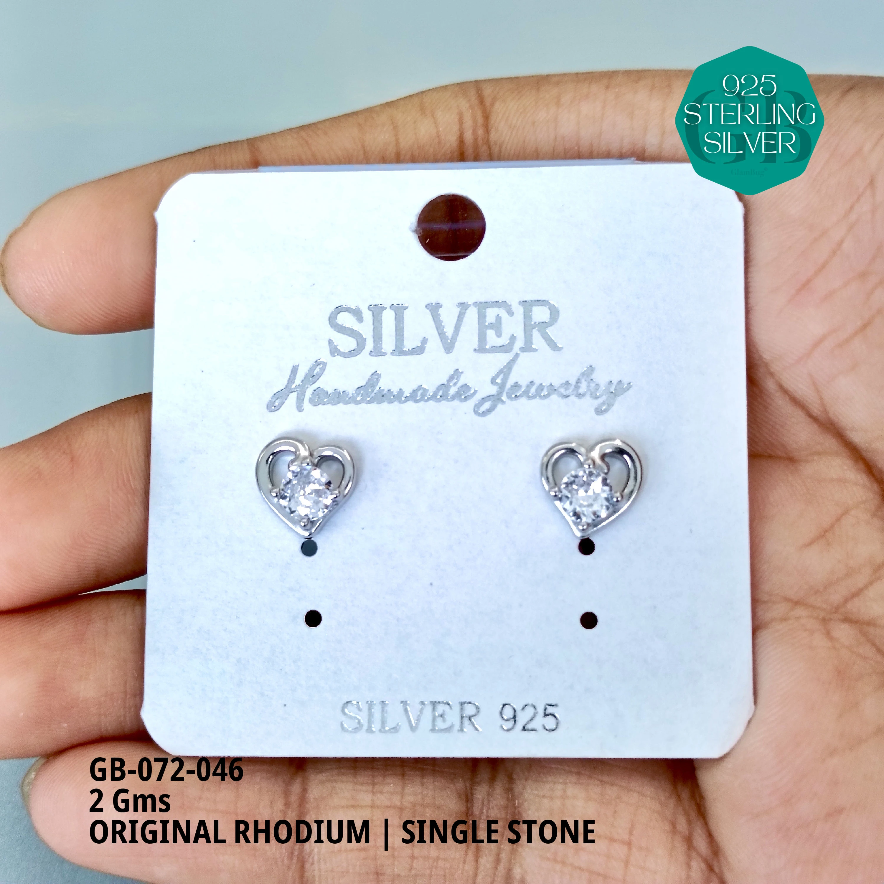 RHODIUM SINGLE STONE STUDS - Premium 925 Silver Jewellery - SKU: GB-072-046 - Hyderabad Silver Importers