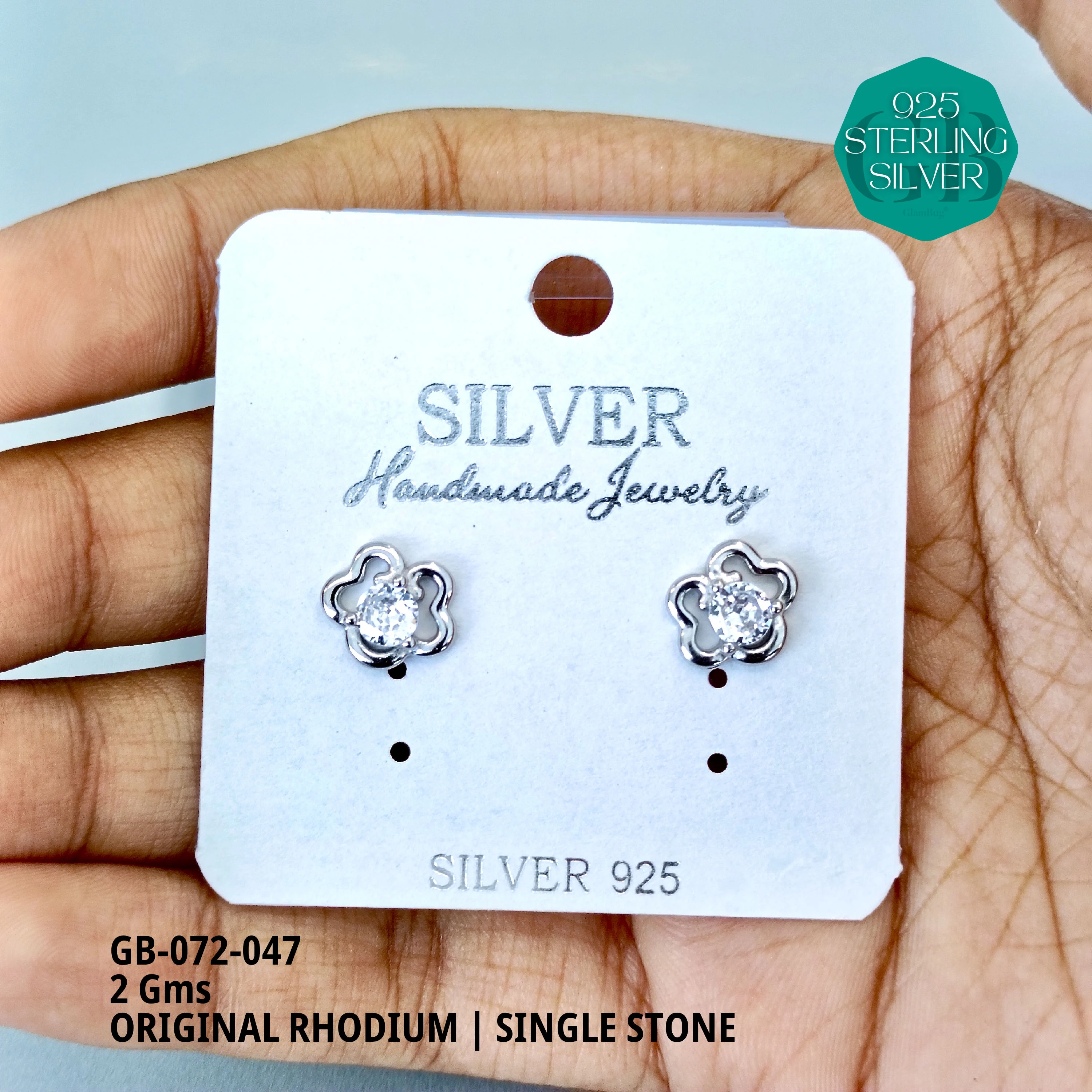 RHODIUM SINGLE STONE STUDS - Premium 925 Silver Jewellery - SKU: GB-072-047 - Hyderabad Silver Importers