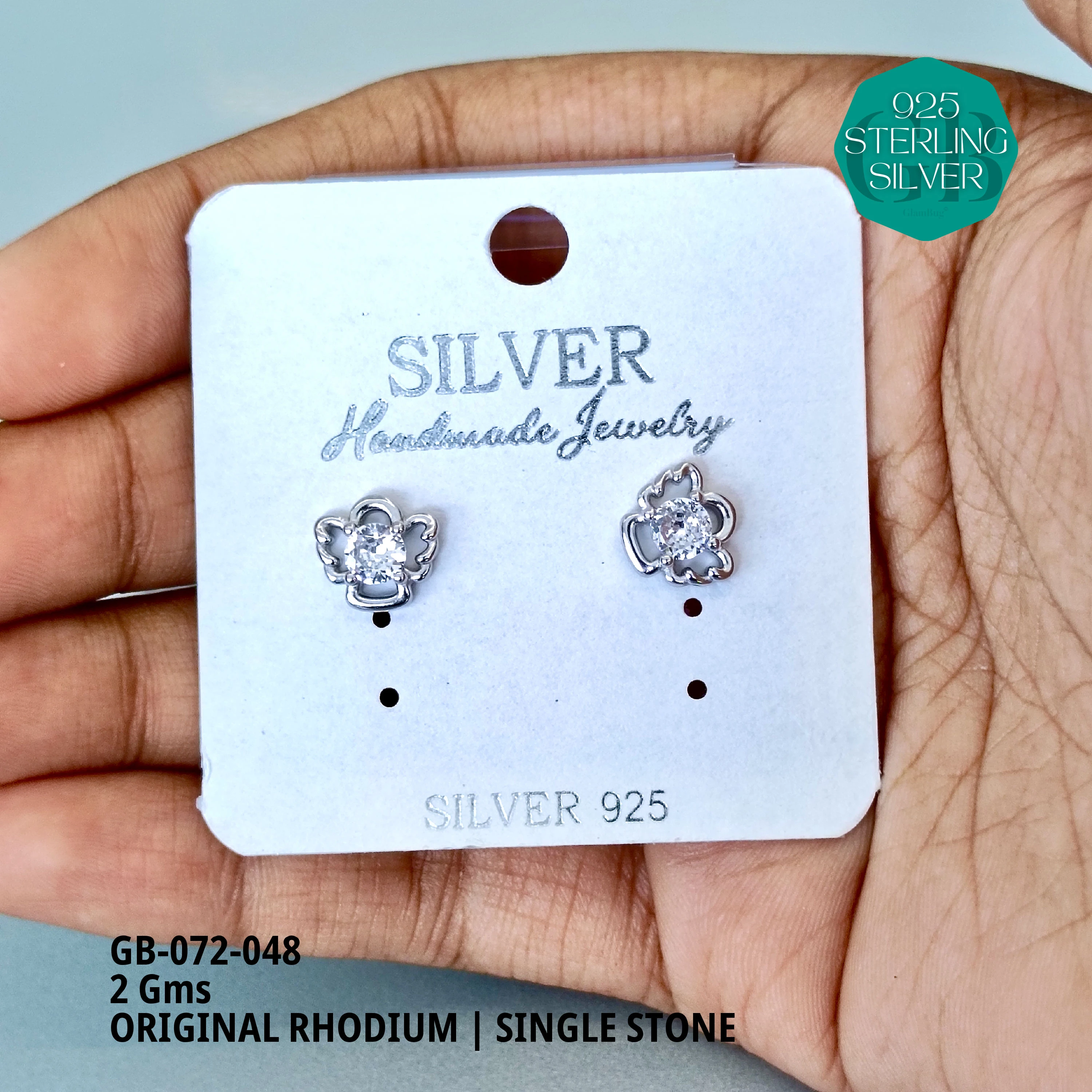 RHODIUM SINGLE STONE STUDS - Premium 925 Silver Jewellery - SKU: GB-072-048 - Hyderabad Silver Importers