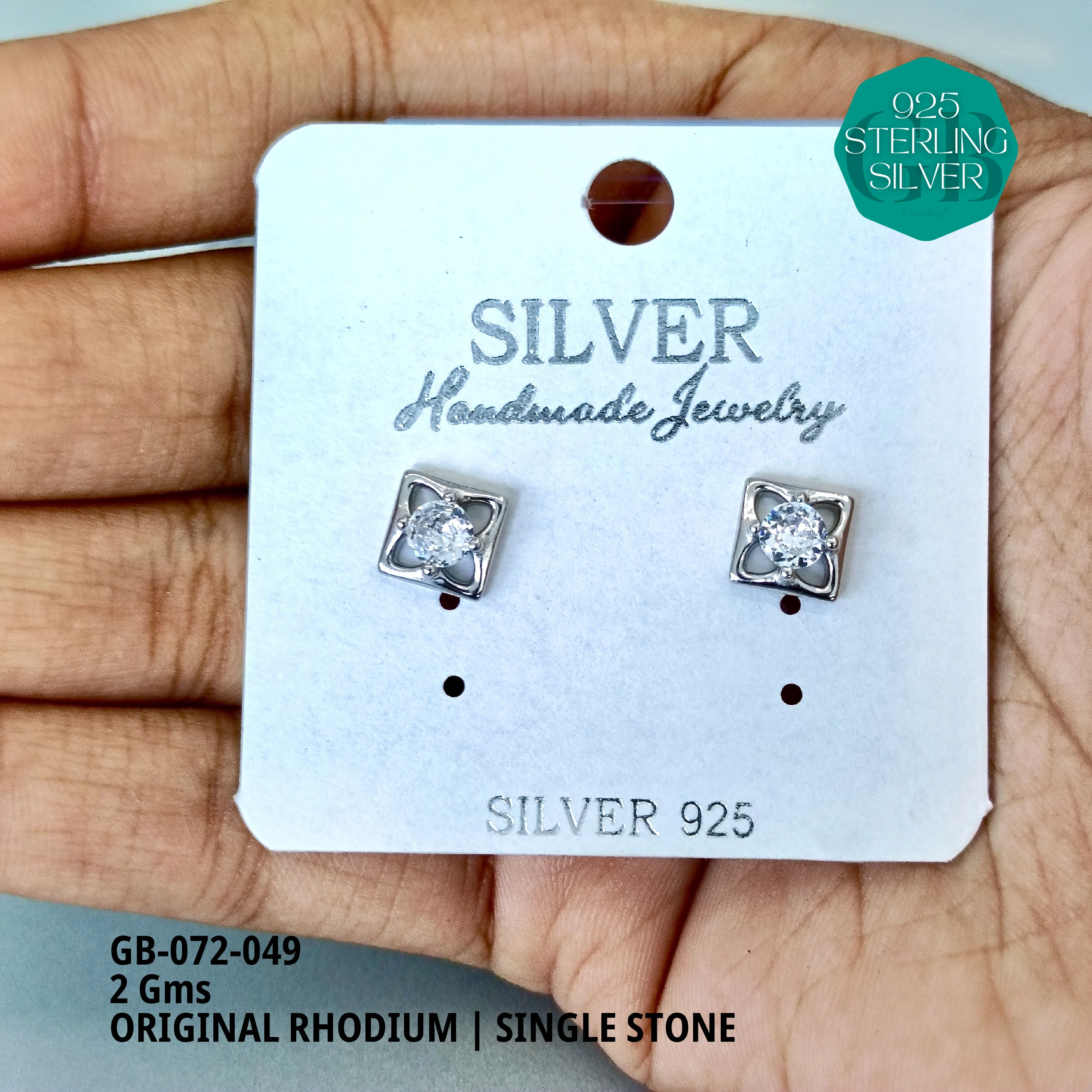 RHODIUM SINGLE STONE STUDS - Premium 925 Silver Jewellery - SKU: GB-072-049 - Hyderabad Silver Importers
