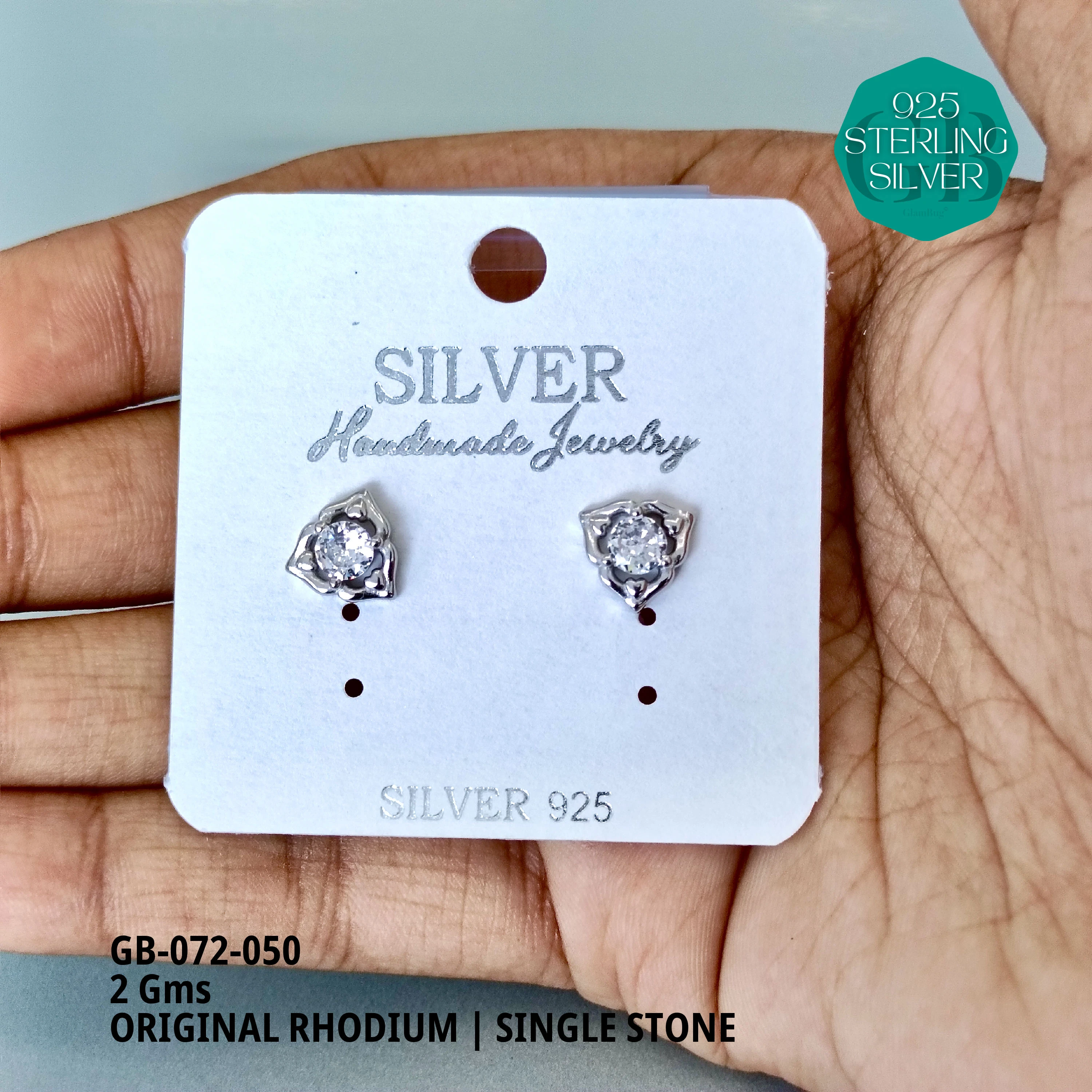 RHODIUM SINGLE STONE STUDS - Premium 925 Silver Jewellery - SKU: GB-072-050 - Hyderabad Silver Importers