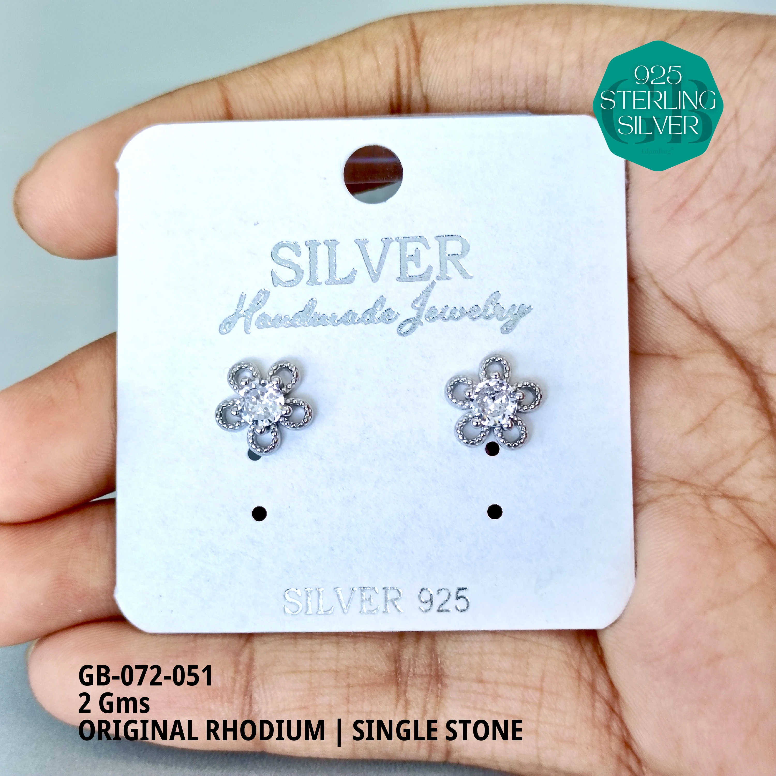 RHODIUM SINGLE STONE STUDS - Premium 925 Silver Jewellery - SKU: GB-072-051 - Hyderabad Silver Importers