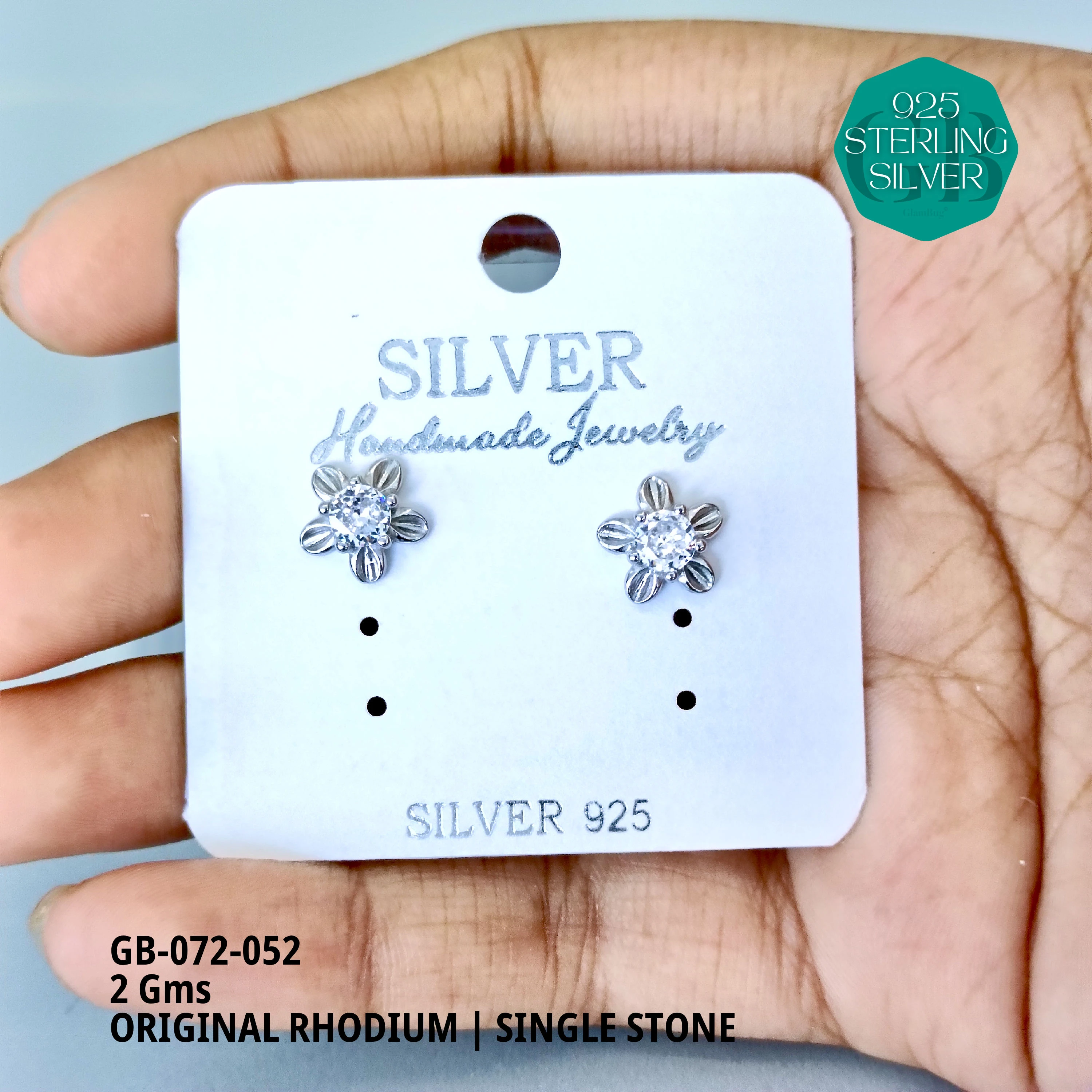 RHODIUM SINGLE STONE STUDS - Premium 925 Silver Jewellery - SKU: GB-072-052 - Hyderabad Silver Importers