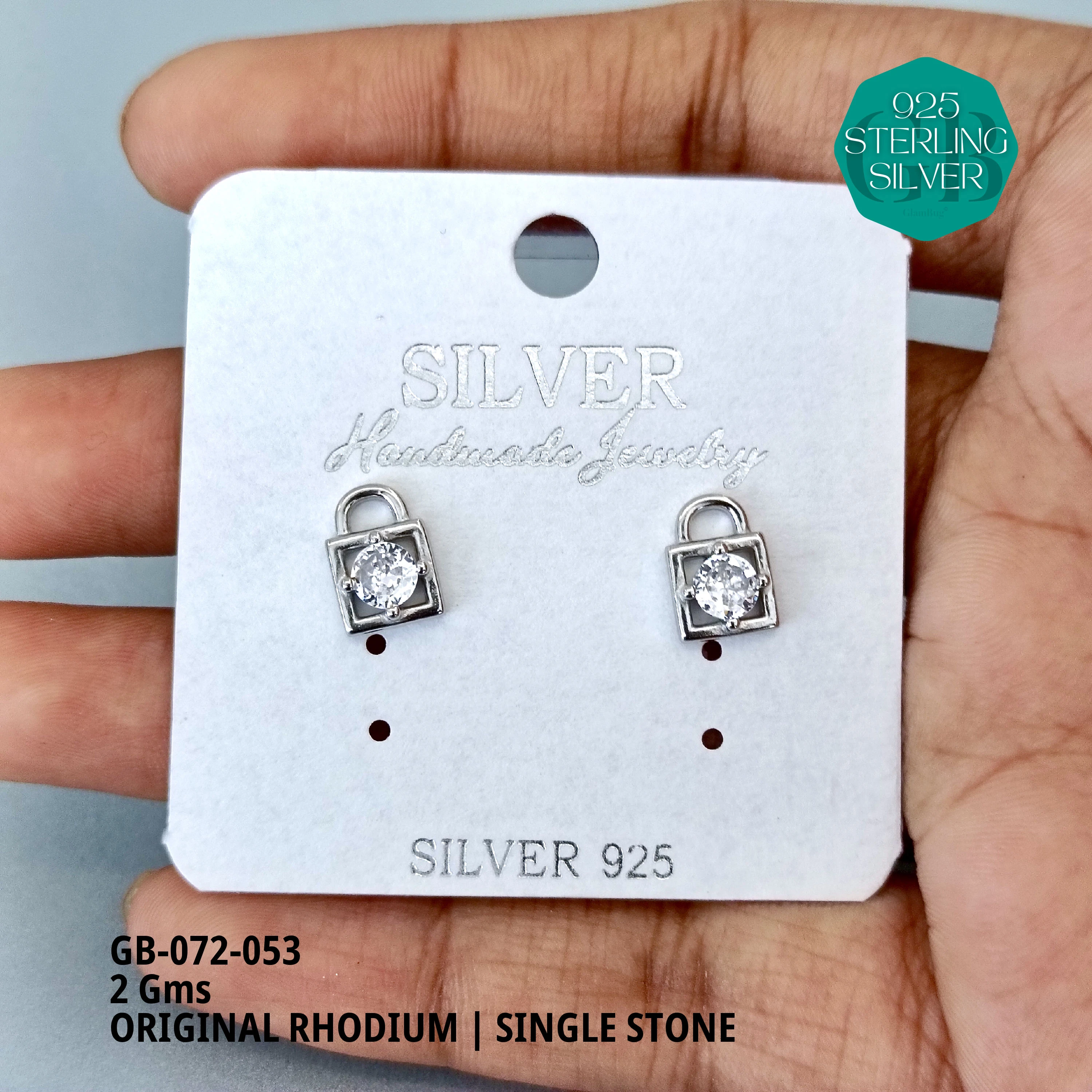 RHODIUM SINGLE STONE STUDS - Premium 925 Silver Jewellery - SKU: GB-072-053 - Hyderabad Silver Importers