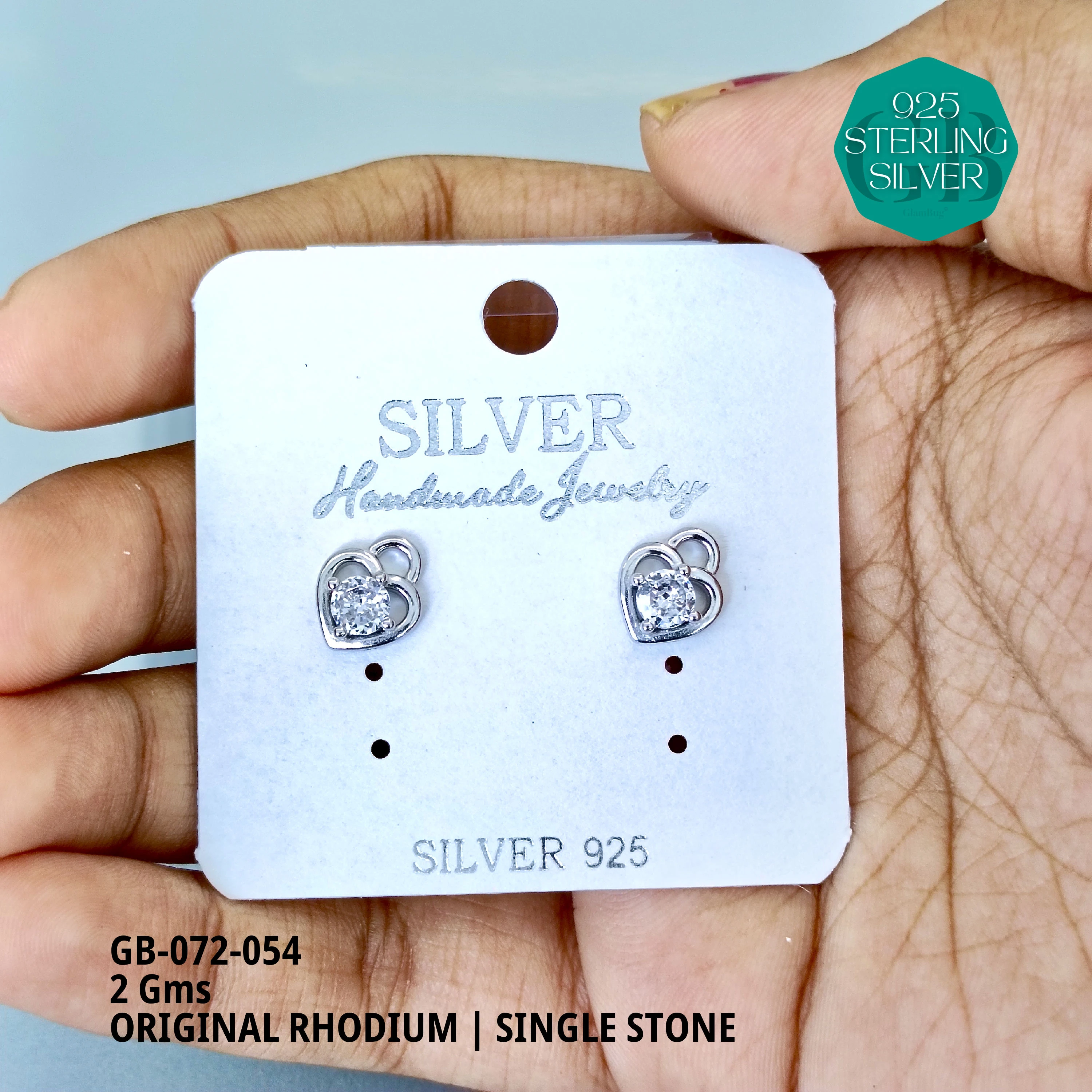 RHODIUM SINGLE STONE STUDS - Premium 925 Silver Jewellery - SKU: GB-072-054 - Hyderabad Silver Importers
