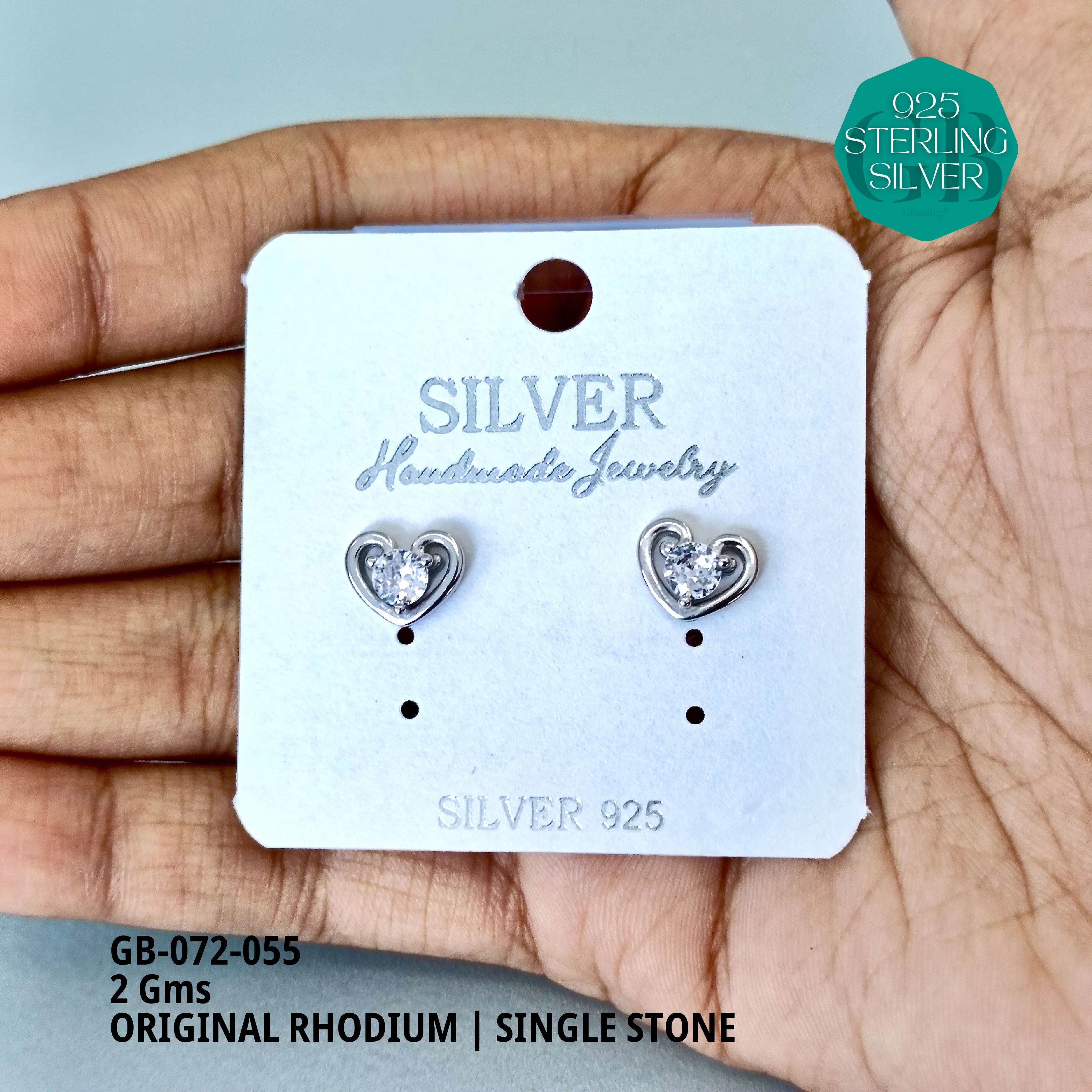 RHODIUM SINGLE STONE STUDS - Premium 925 Silver Jewellery - SKU: GB-072-055 - Hyderabad Silver Importers