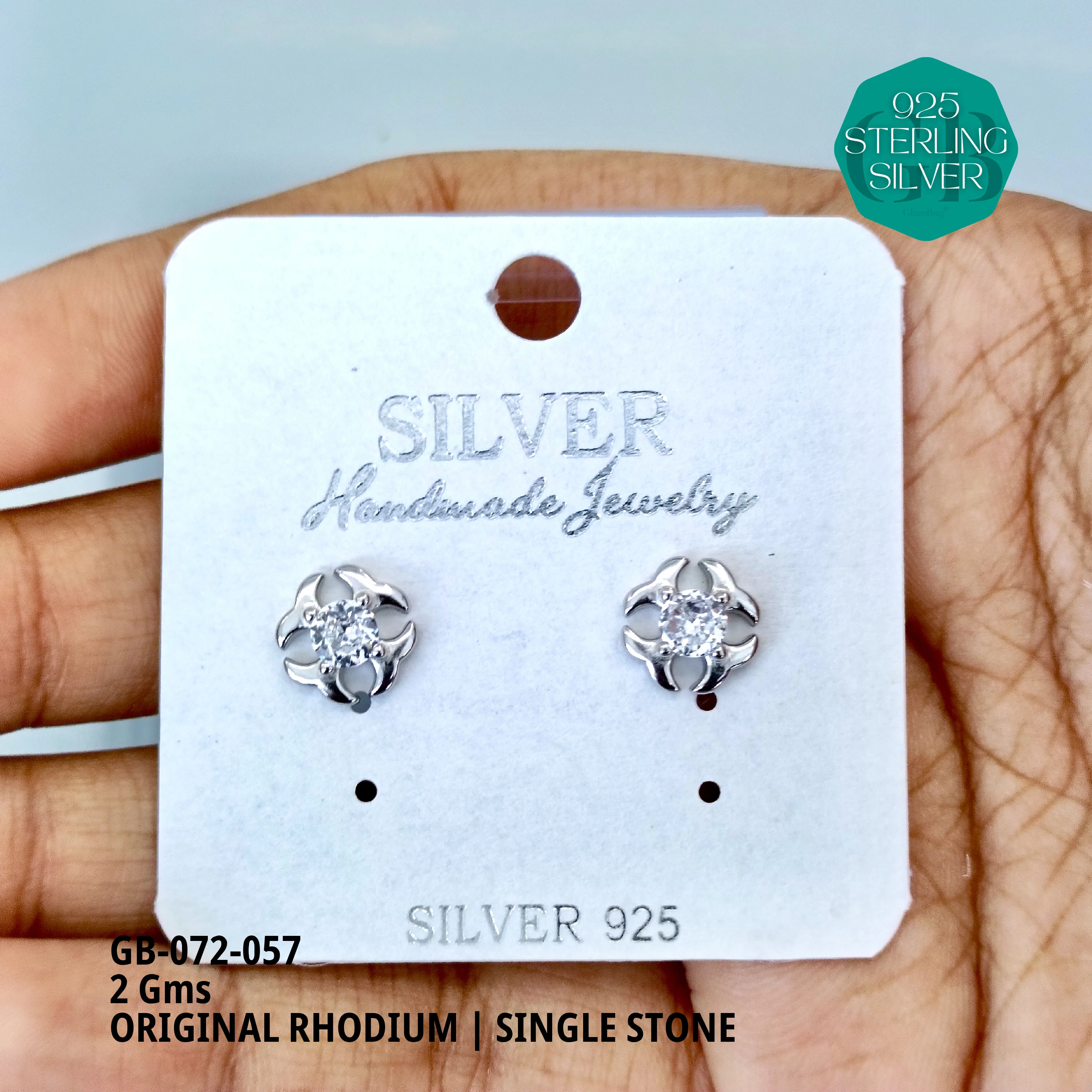 RHODIUM SINGLE STONE STUDS - Premium 925 Silver Jewellery - SKU: GB-072-057 - Hyderabad Silver Importers