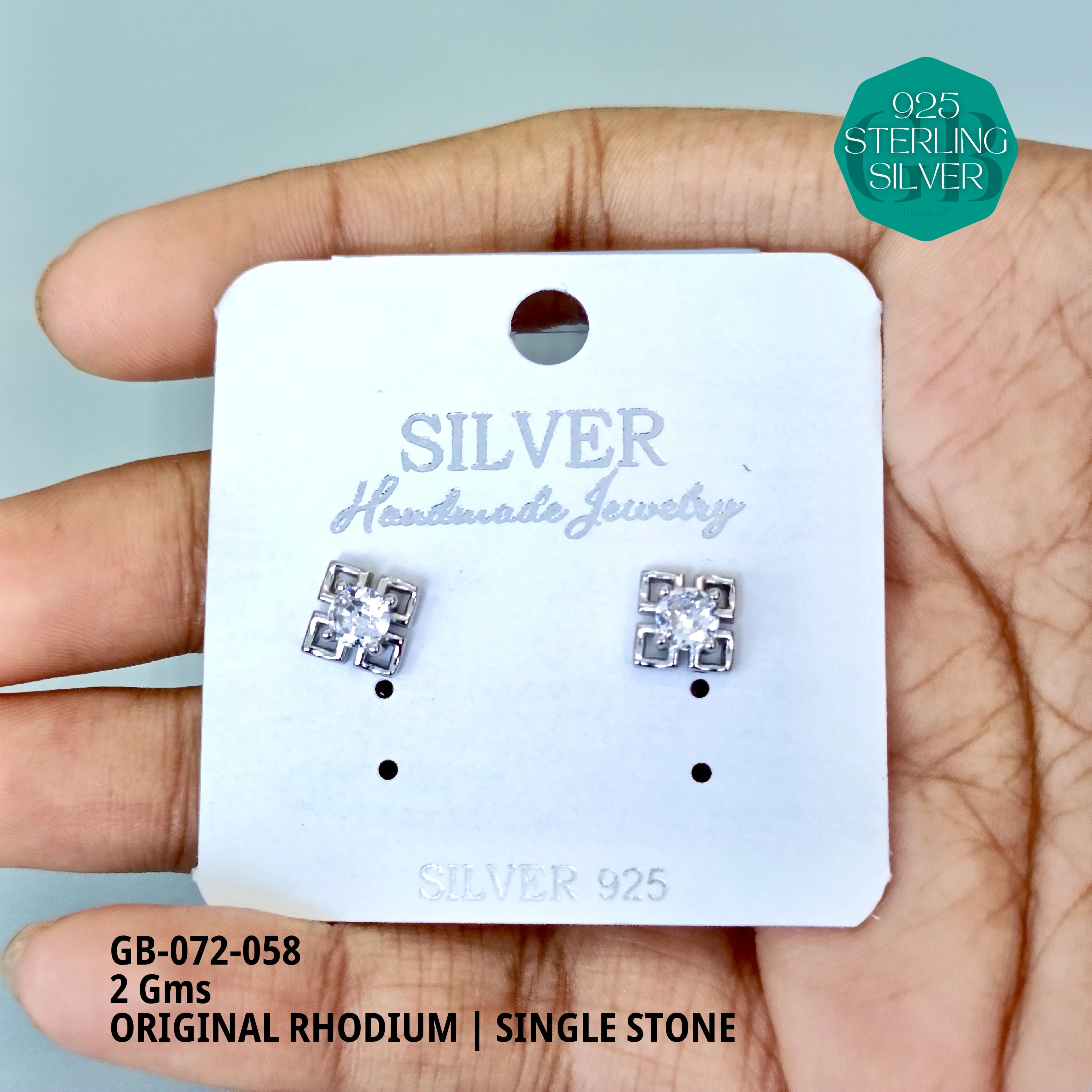 RHODIUM SINGLE STONE STUDS - Premium 925 Silver Jewellery - SKU: GB-072-058 - Hyderabad Silver Importers