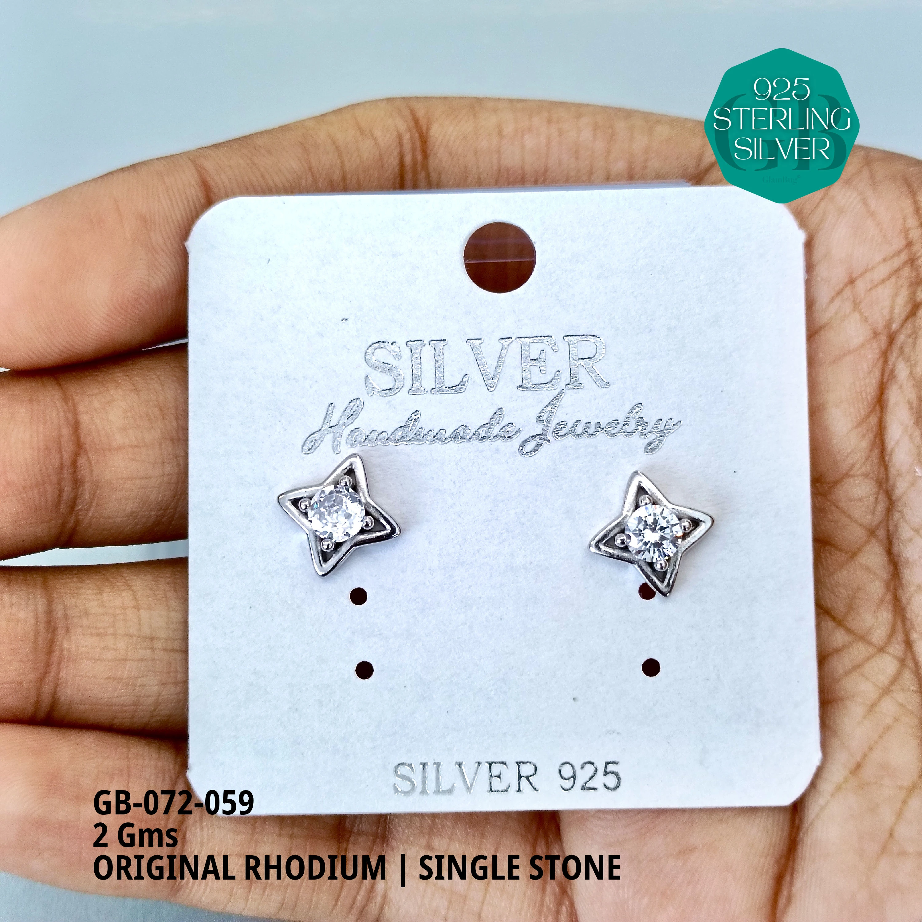 RHODIUM SINGLE STONE STUDS - Premium 925 Silver Jewellery - SKU: GB-072-059 - Hyderabad Silver Importers